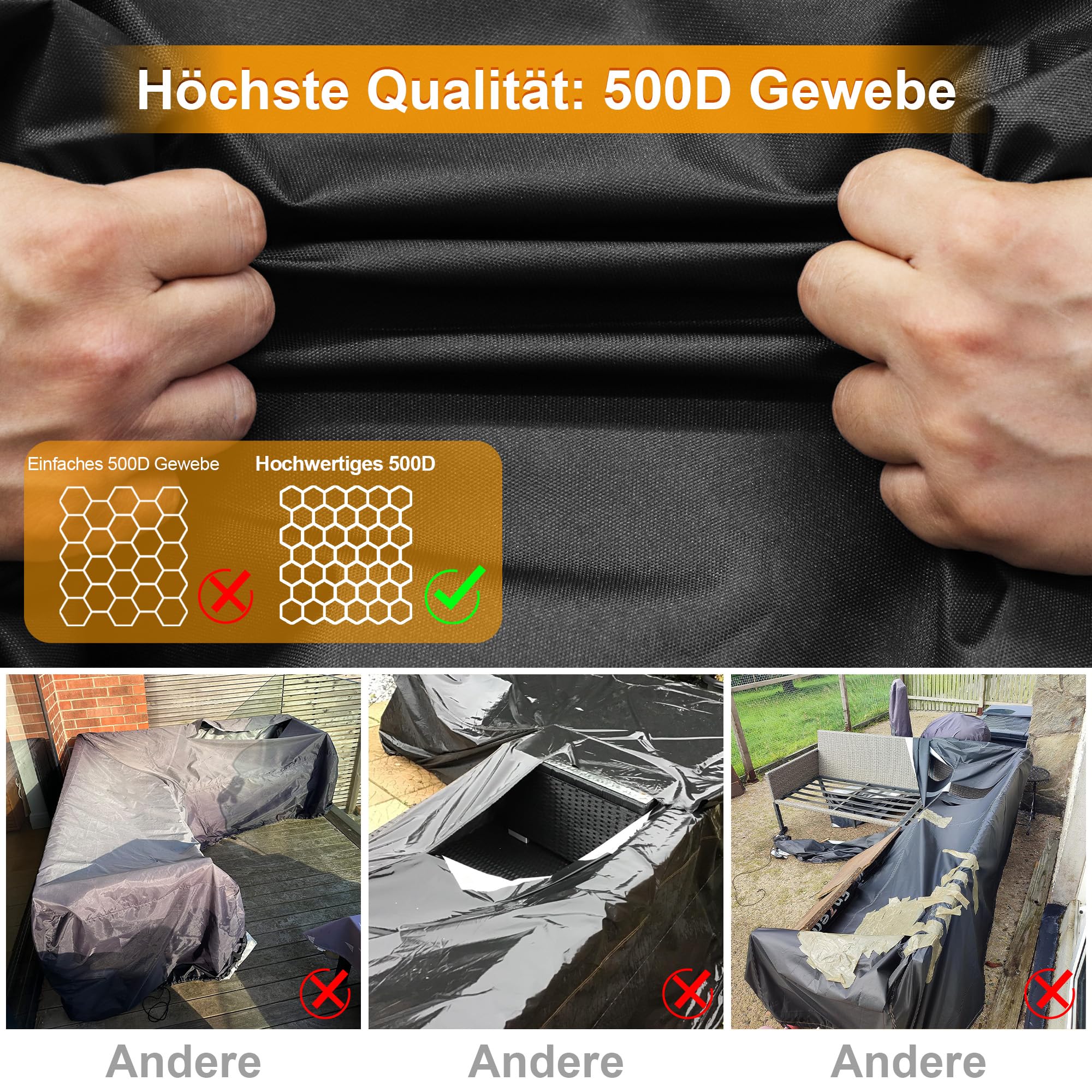 Kipiea Abdeckung Loungemöbel L-Form Wasserdicht, Abdeckung Gartenmöbel Winterfest, 500D Lounge Abdeckungen Winddicht, L-Form Abdeckplane Gartenmöbel Reißfest, Anti-UV (Linke Seite, 147x198x85x78cm)
