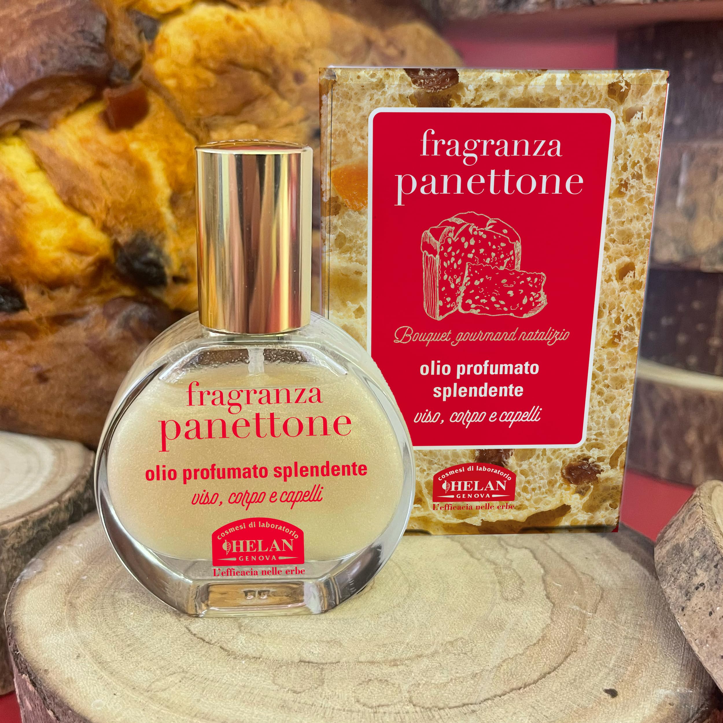 Helan Fragranza Panettone - Olio Capelli e Corpo Profumato Multiuso, Olio Secco Spray Luminoso anche Viso e Barba 100% Vegetale con Vitamina E, Mandorle Dolci, Oliva e Rosmarino, 30 ml, Made in Italy