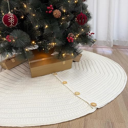 Miniatura 2 de Falda de árbol de Navidad de punto acanalado de 36 pulgadas con botones de roble, color blanco crema