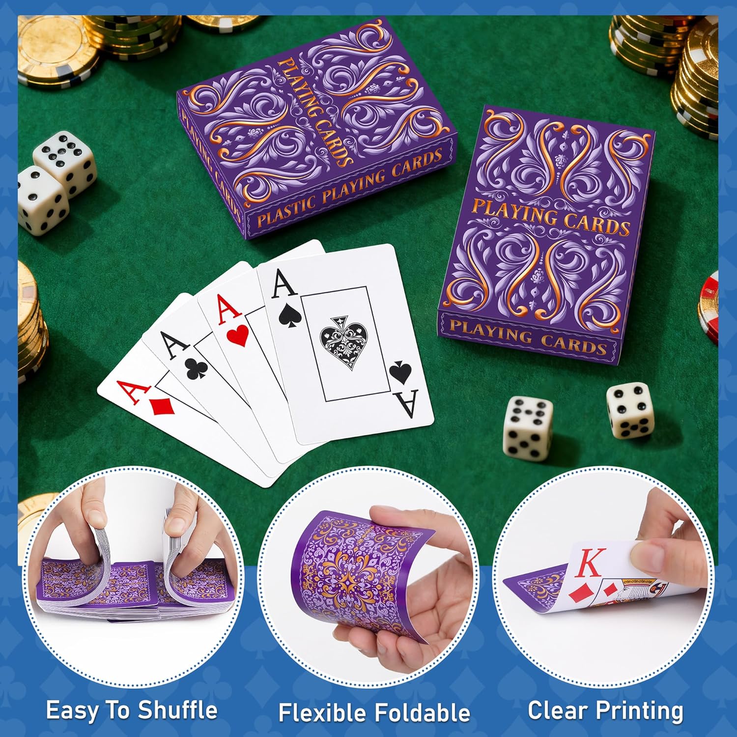 Playing Cards, Plastic Playing Cards Waterproof, Deck of Cards 2 Pack, Large Print Playing Card for Seniors Adults, Premium Poker Cards Set for Beach Pool Party Trip Camping Games (Purple)