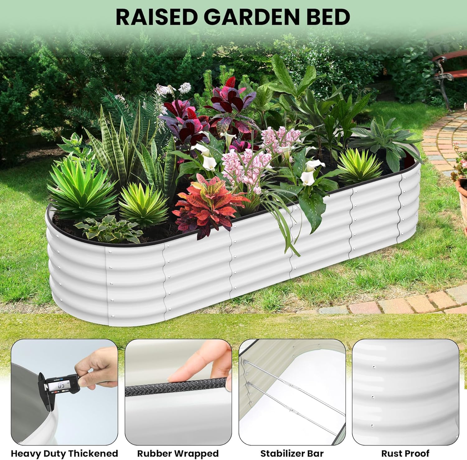 PioneerWorks Galvanized Raised Garden Bed, 8x2x1 Ft Oval Open-Ended Metal Planter Box for Vegetables Flowers Herbs, Sturdy Reinforced Design, Easy Assembly, for Outdoor Patio Yard, White