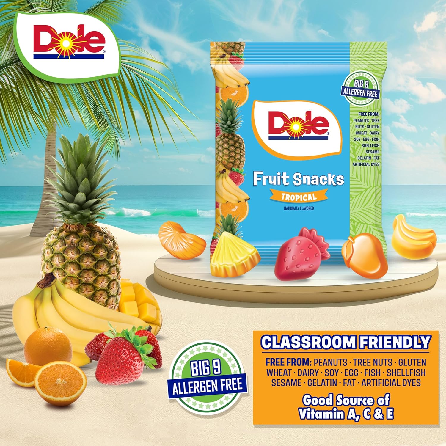 Dole Fruit Snacks, Tropical Flavors - Individually Wrapped Pouches - Classroom-Friendly, Top 9 Allergen Free, No Artificial Dyes, Natural Fruit Purée - 5 Boxes, 120 Total Pouches