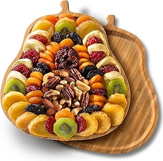 A Gift Inside Festive Dried Fruit and Nuts on Bamboo Pear Shaped Cutting Board