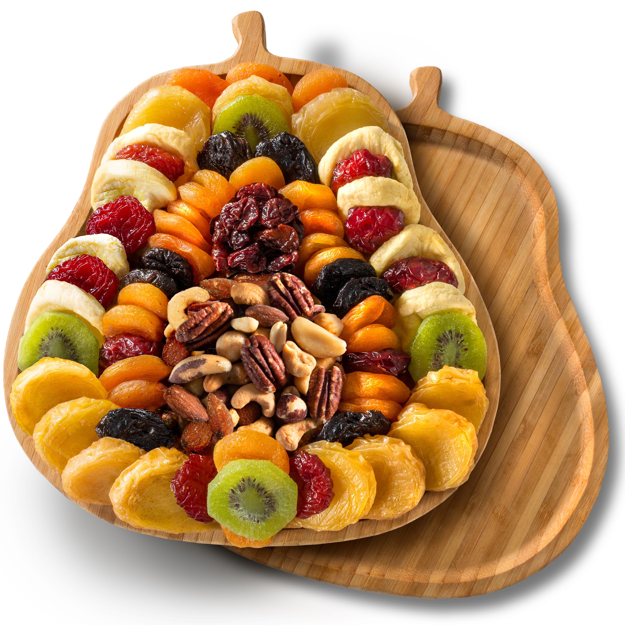 A Gift Inside Festive Dried Fruit and Nuts on Bamboo Pear Shaped Cutting Board