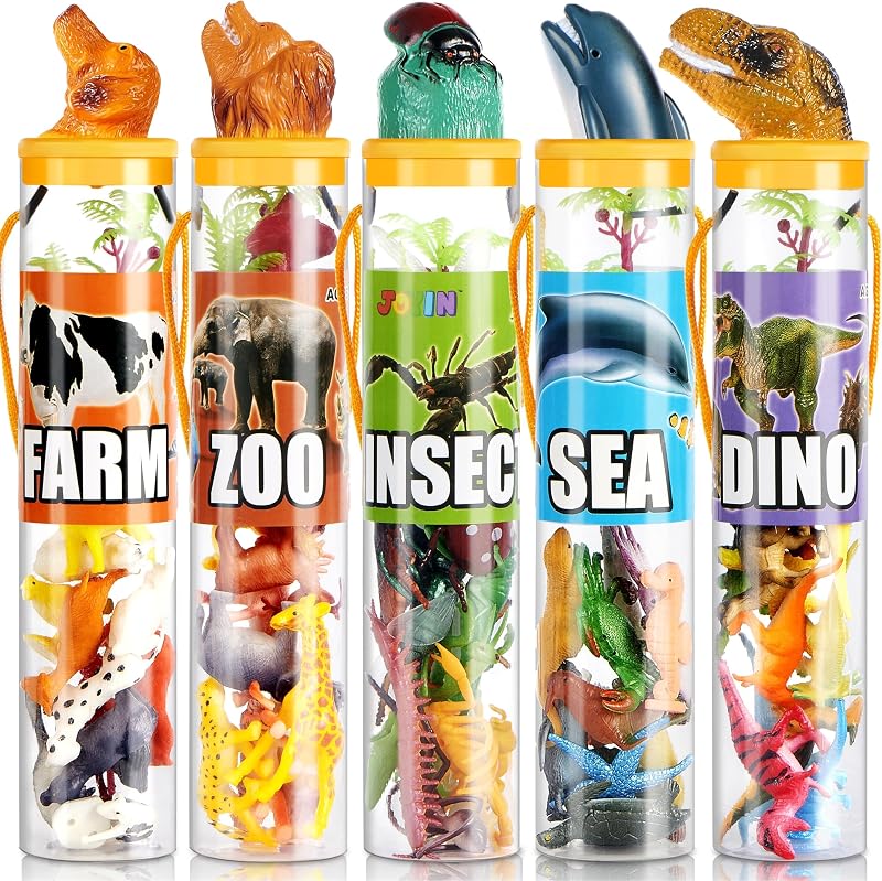 JOYIN 69 piezas de figuras de animales pequeños, mini juego de juguetes de la selva con contenedor sensorial, juego realista de bosque salvaje, zoológico, océano, figuras de animales de granja, regalos de fiesta de dinosaurios, regalos de Pascua para niños y niñas de 3 a 5 años