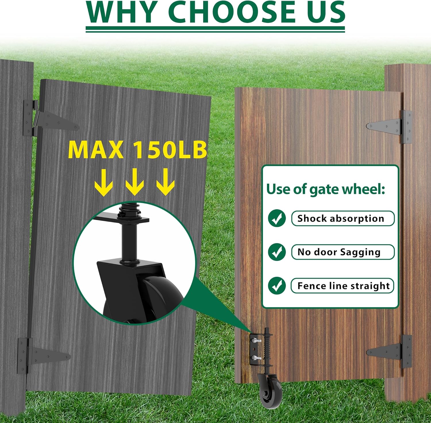 4.3"Heavy Duty Gate Wheel 360° Rotation Gate Wheel with Spring Loaded Shock Absorption Gate Caster Gate Kit for Fence, Farm, Garden and Wooden Gate 150 Lbs Capacity (2Pack)