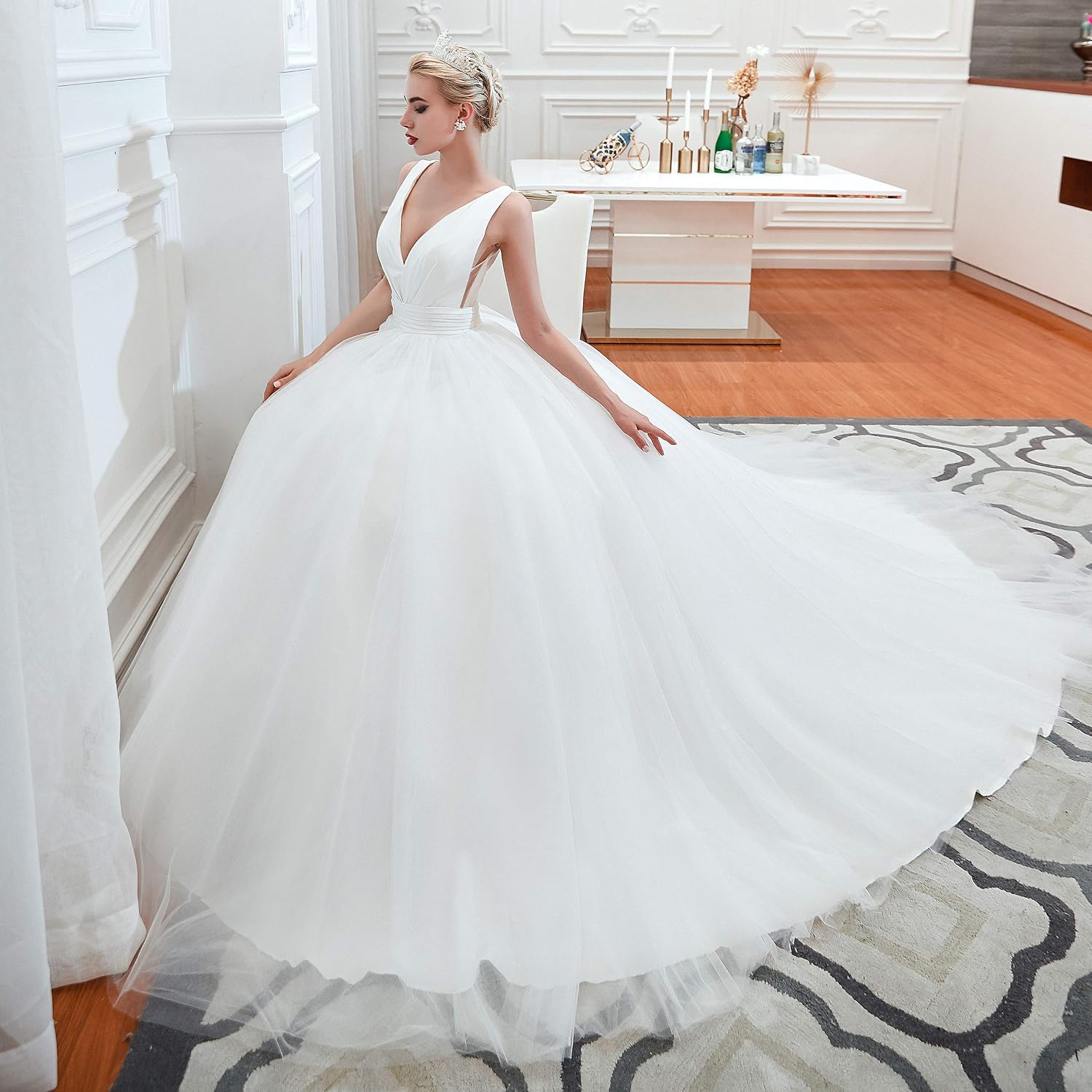 Women's Deep V-Neck Ruffles Lace-up Tulle Wedding Ball Gown