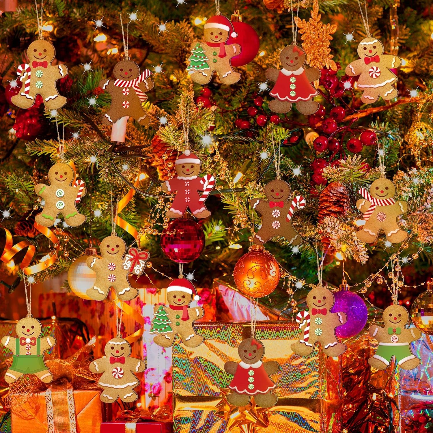 Ferraycle 36 Pcs Gingerbread Christmas Ornaments Christmas Tree Decorations 3 Inch Decorations Wooden Hanging Ornaments for Xmas Tree Home Kitchen Holiday Party Decor(Classic Style,Red)