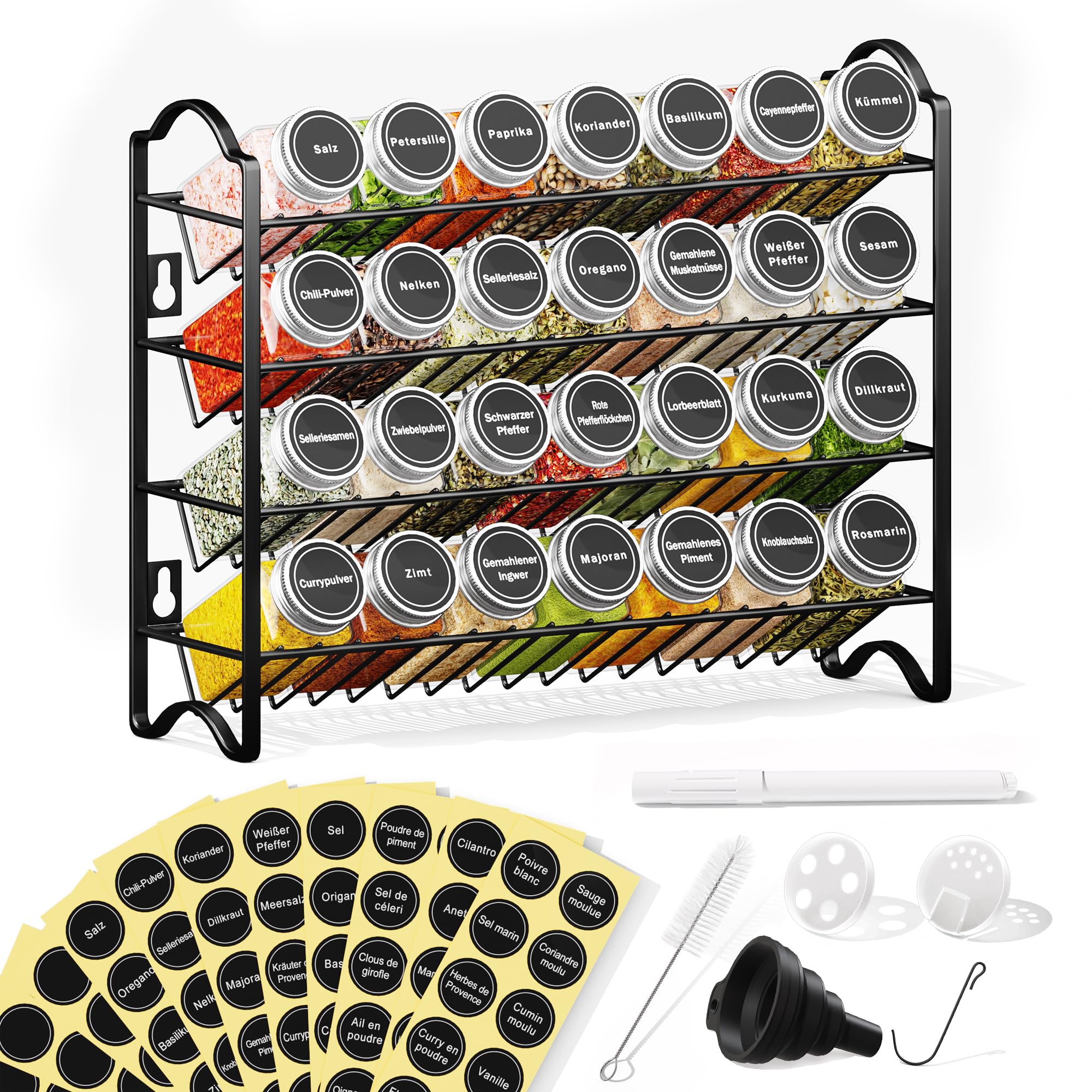 Set portaspezie con 28 barattoli per spezie e 120 etichette, organizer per spezie per cucina e armadio, portaspezie da parete o in piedi, completo sistema di conservazione delle spezie (nero)