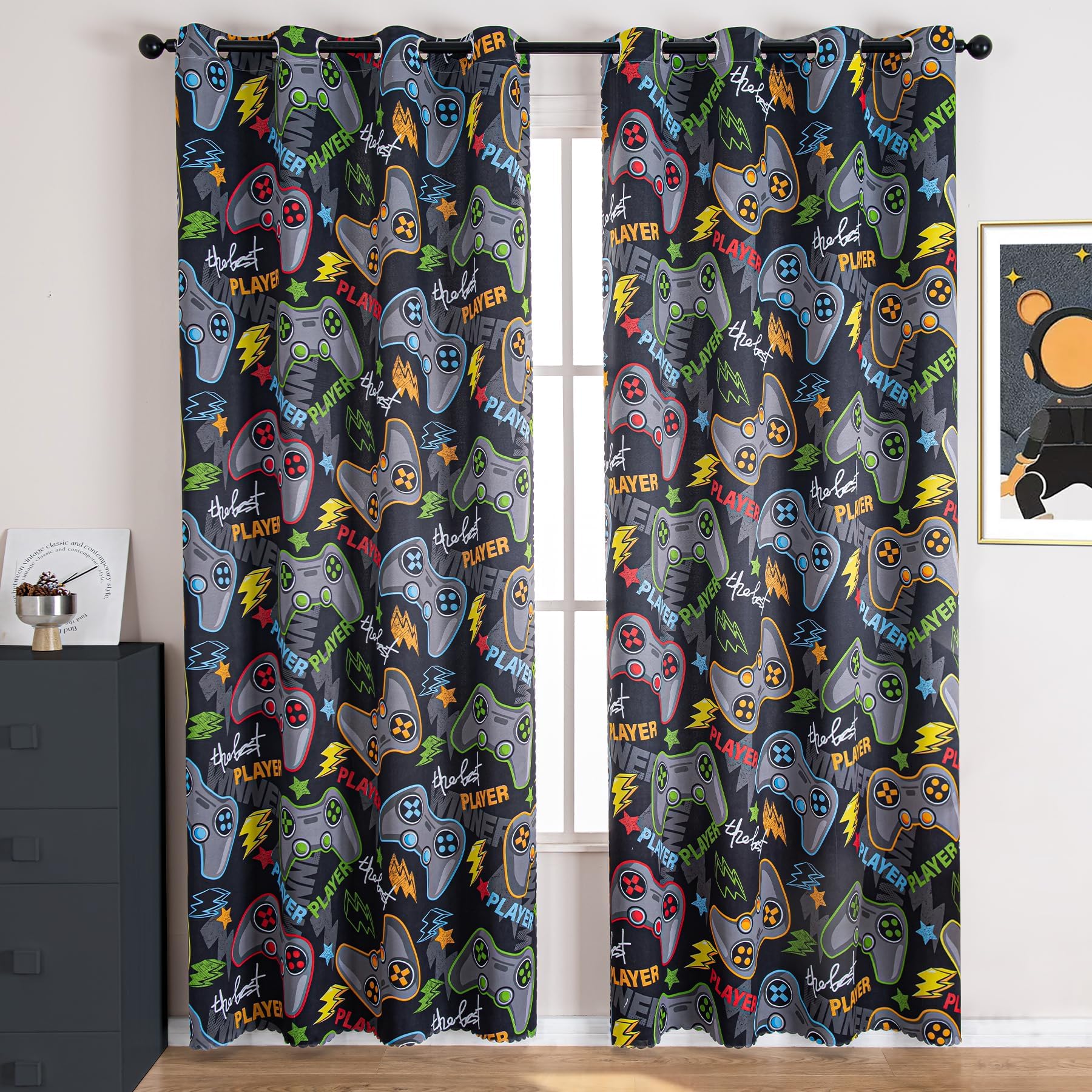 UNISTAR Curtains for Boys Room Kids Bedroom Blackout Curtains for Living Room Grommet Window Drapes Room Decor (Black Gamepad-1Panel, W52 X L63)