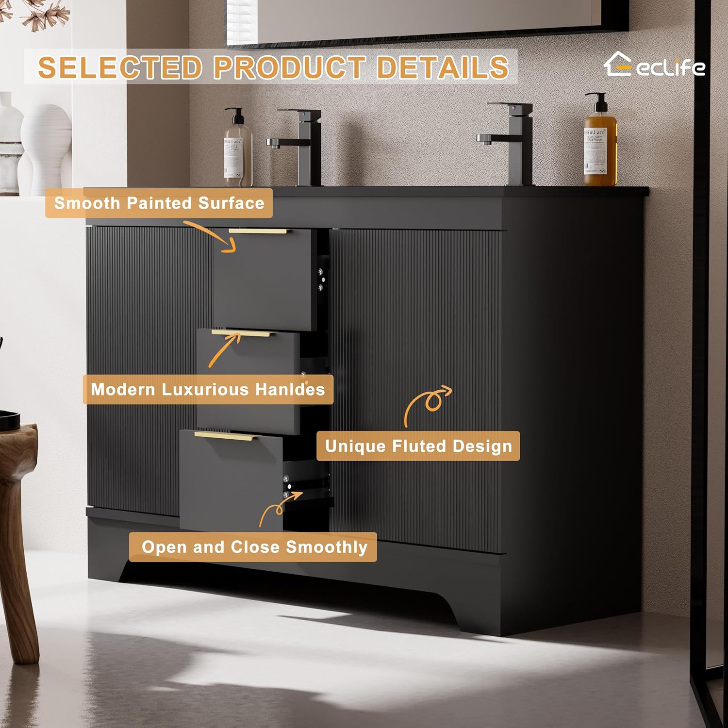 eclife 48" Bathroom Vanity with Sink Combo, Modern Freestanding Painted Storage Cabinet with Fluted Doors, 3 Drawers, Undermount Black Dual Sink, Faucet, Drain, Black