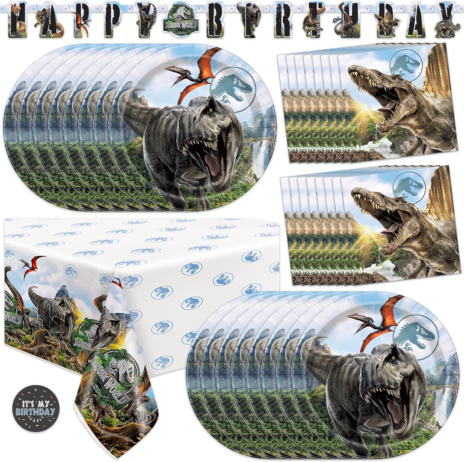 Jurassic Park Birthday Decorations for 16 | Banner, Tablecloth, Plates, Napkins | Officially Licensed Jurassic World Party Decorations