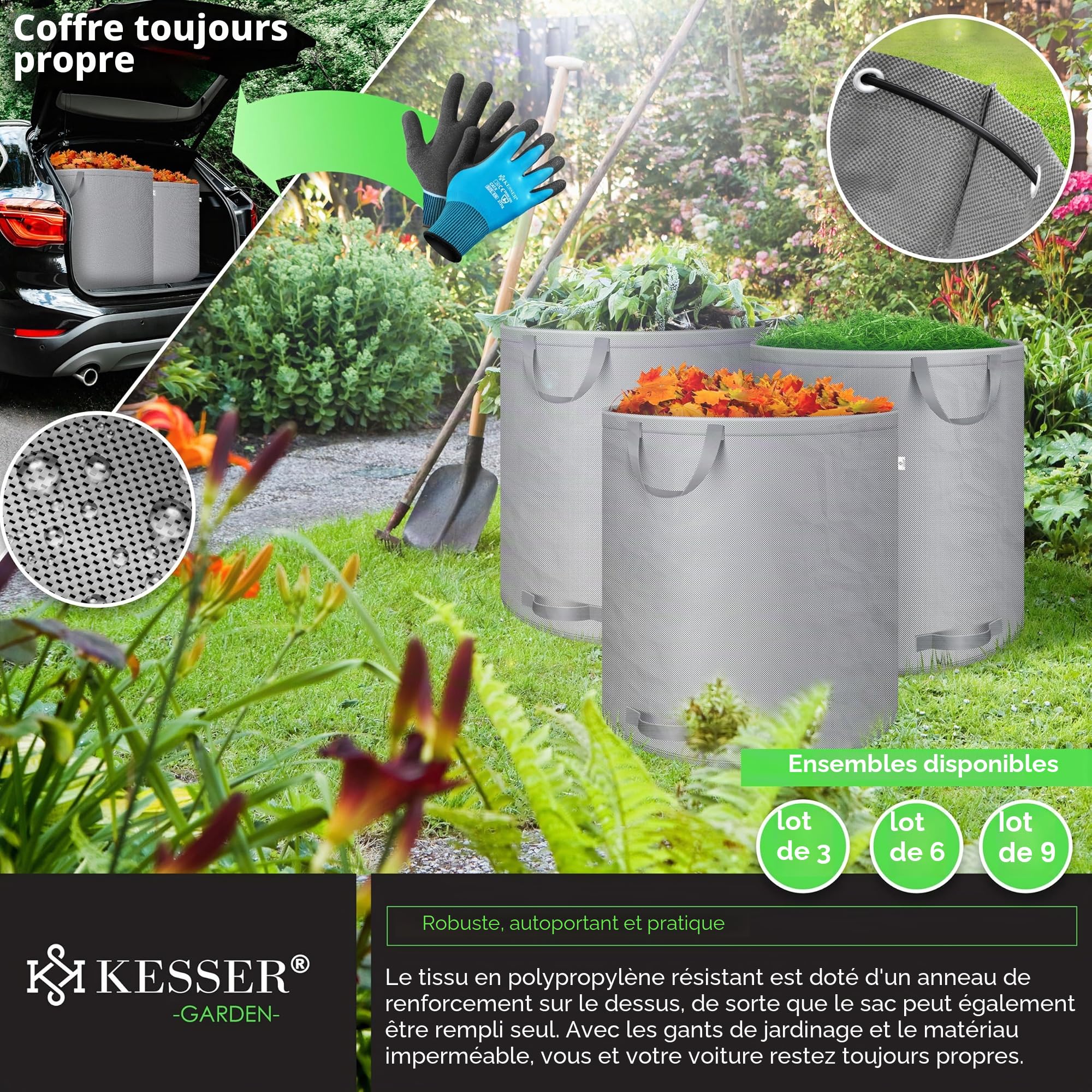 KESSER® Sacs de jardin 6x272L Set sac à feuilles Sac à déchets de jardin +gants Autonome 4 poignées Stable Robuste Pliable Sacs à feuilles Tontes de gazon Sacs jardin pour déchets jardin Déchets Gris