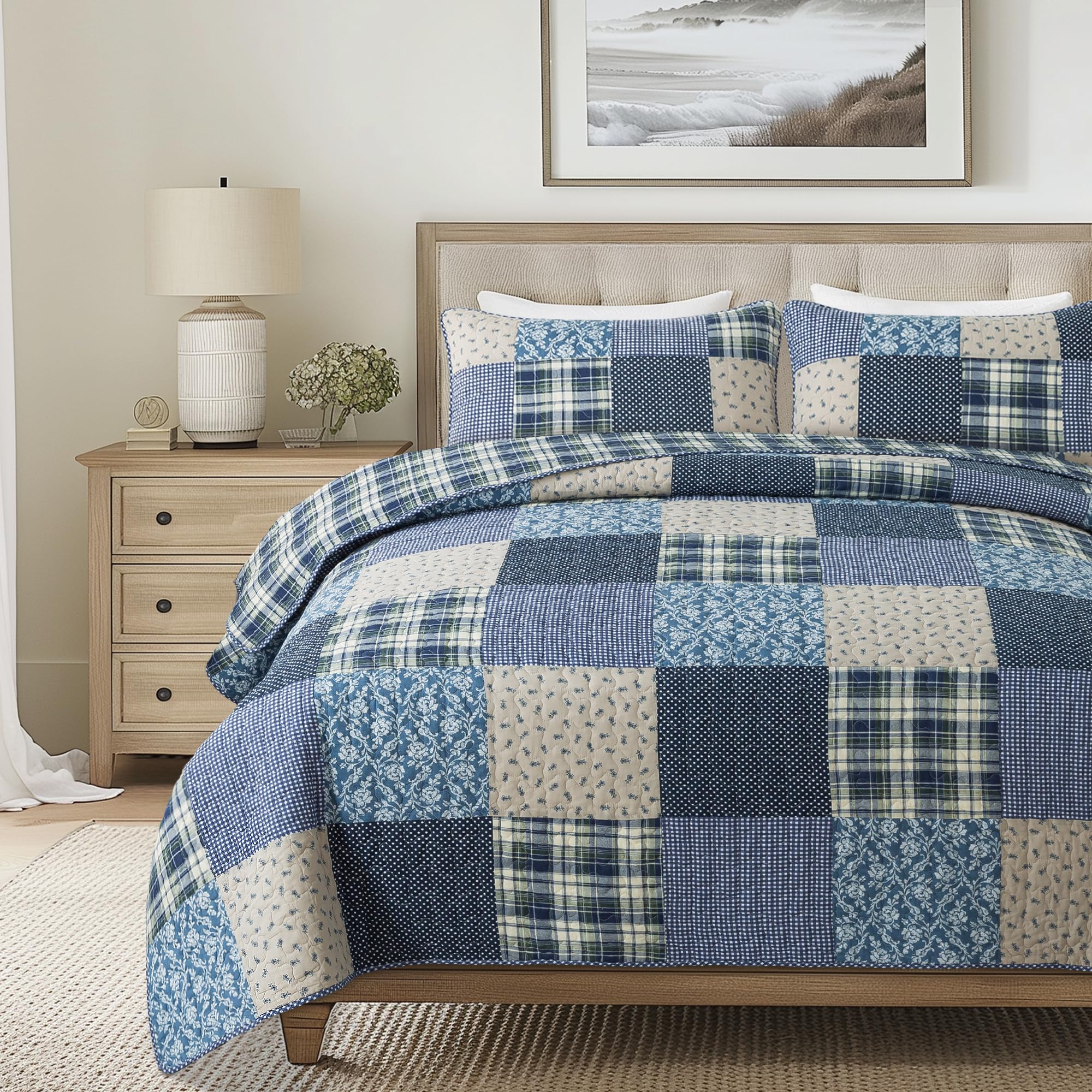 SLPR Blue Symphony 2-Piece Real Patchwork Cotton Quilt Set (173cm x 224cm) | with 1 Sham Pre-Washed Reversible Machine Washable Lightweight Bedspread Coverlet