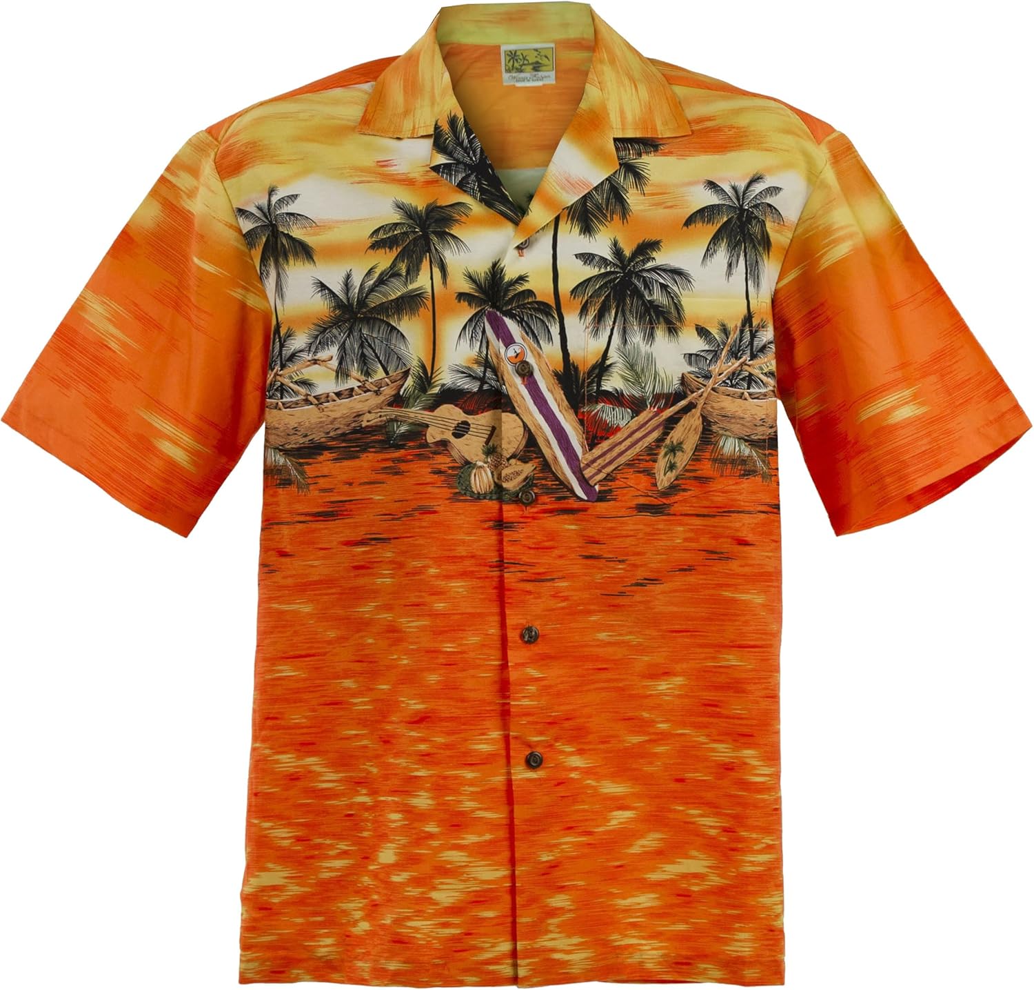 Sunset Canoe Hawaiian Aloha Shirt; Made in Hawaii [Orange L]