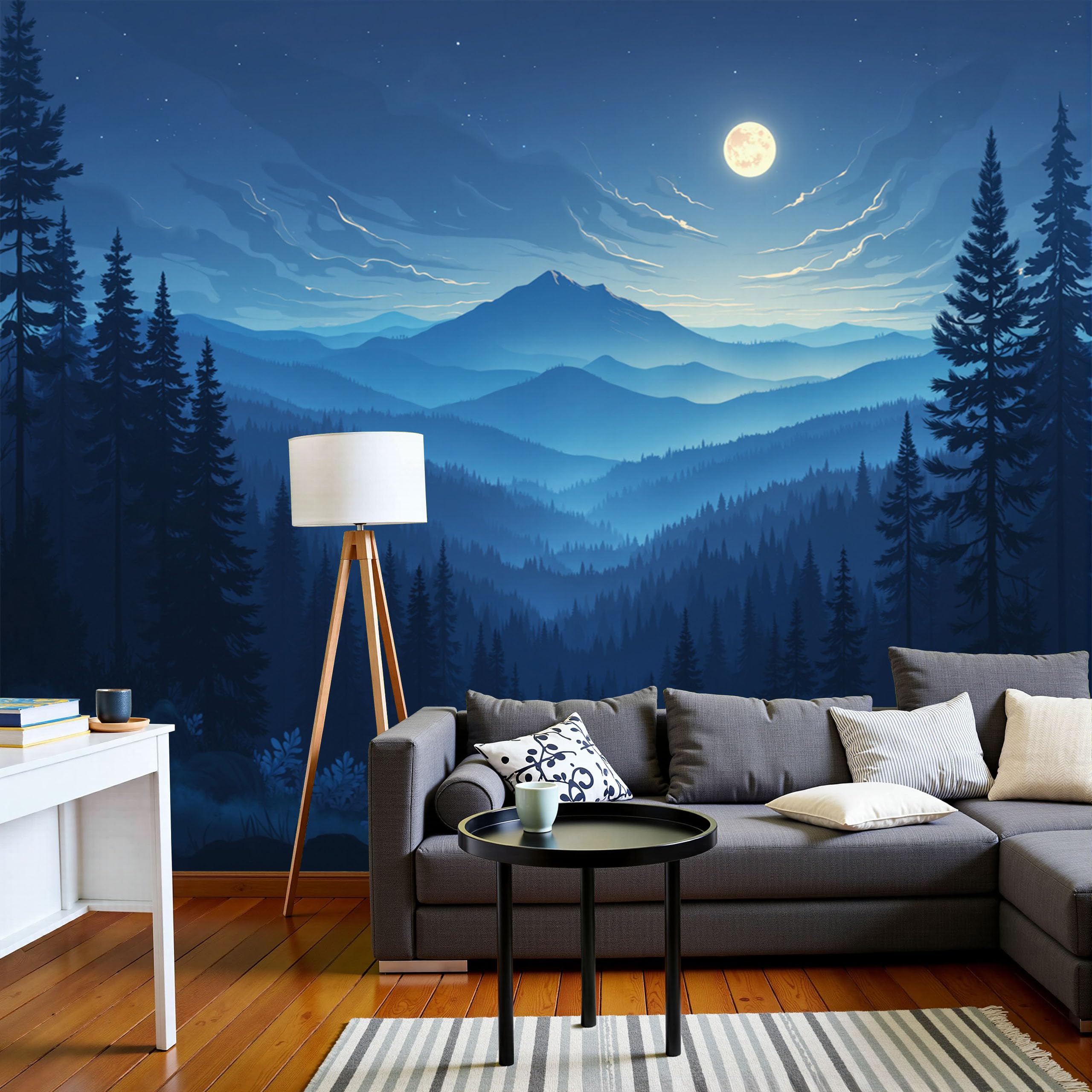 Papier peint panoramique bleu profond paysage ciel nocturne pour salon