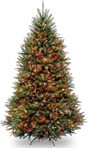 National Tree Company Árbol de Navidad artificial completo preiluminado, verde, abeto Dunhill, luces multicolor, incluye soporte, 7 pies