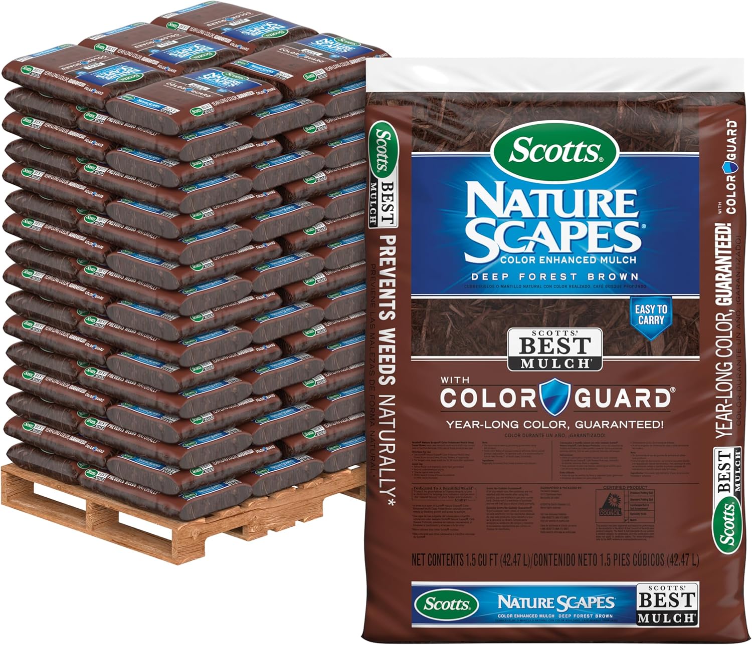 Scotts Nature Scapes Color Enhanced Mulch Deep Forest Brown - Wood Shredded and Bagged, Brown Mulch for Landscaping, Bulk Pallet, 1.5 cu. ft. (80-Bag Pallet)