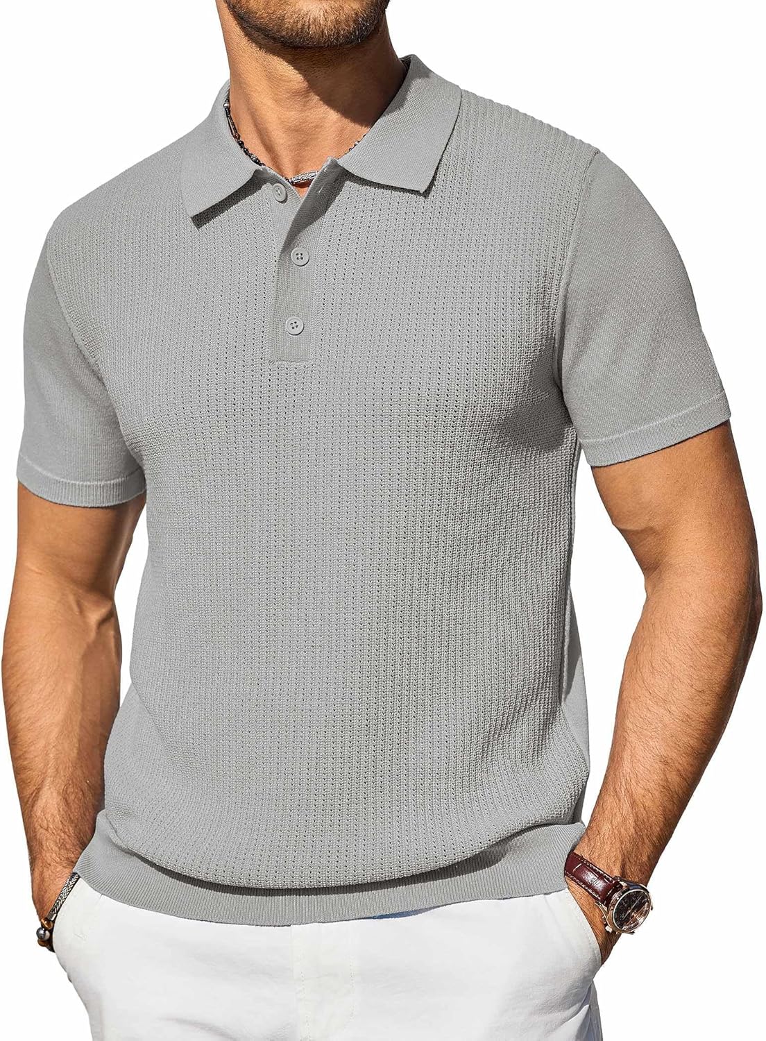 (3X-Large) COOFANDY Men's Knit Polo Shirts Short Sleeve Casual Button Down Shirts Vintage Collared Golf Shirts Light Gray Small