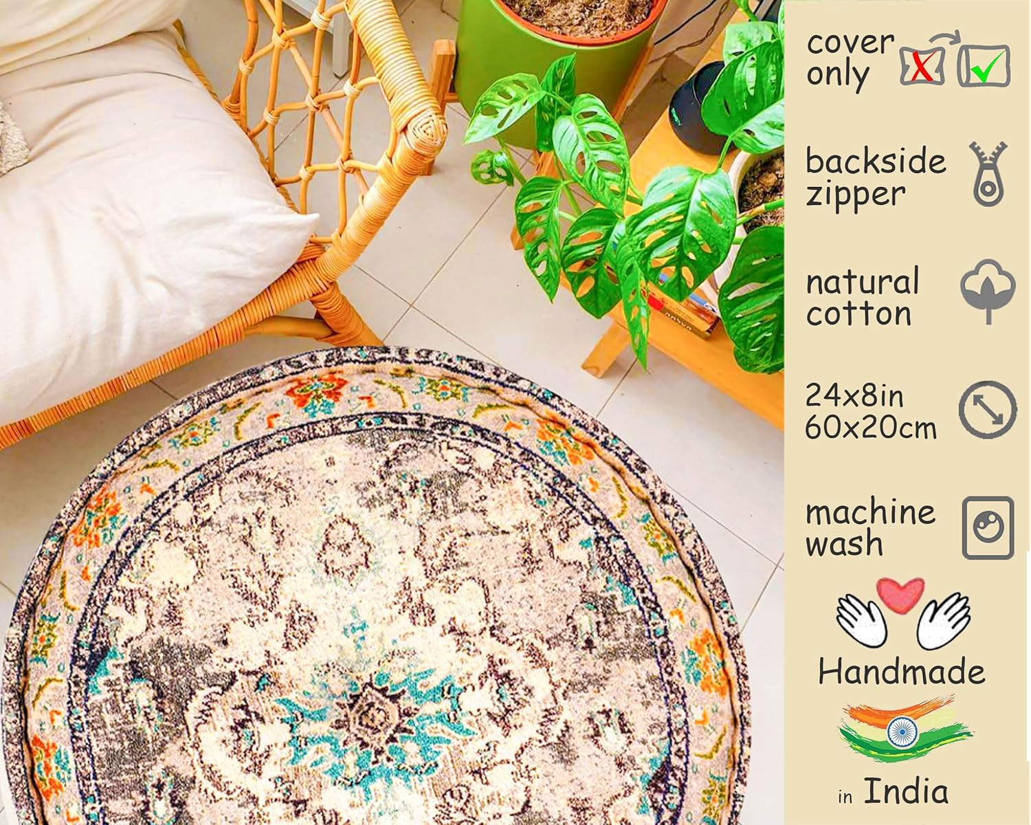 Mandala Life ART Bohemian Floor Cushion Cover Gray Round Meditation Pillow Case Boho Chic Pouf Ottoman Perfect Vintage Cushion for Living Room, Bedroom, Nursary or Children Room Cotton 24x8 Unstuffed