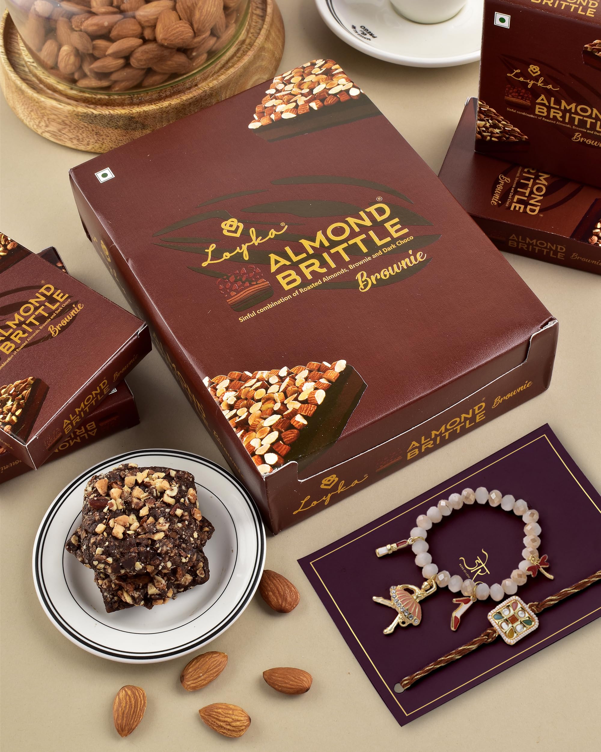 Hyperfoods® Bhaiya Bhabhi Rakhi Set With Chocolate Rakhi For Brother Chocolates Gift Pack Rakhi With Chocolates Loyka Almond Brittle Brownie 204Gm Diva Divine Bhai Bhabhi Rakhi Set