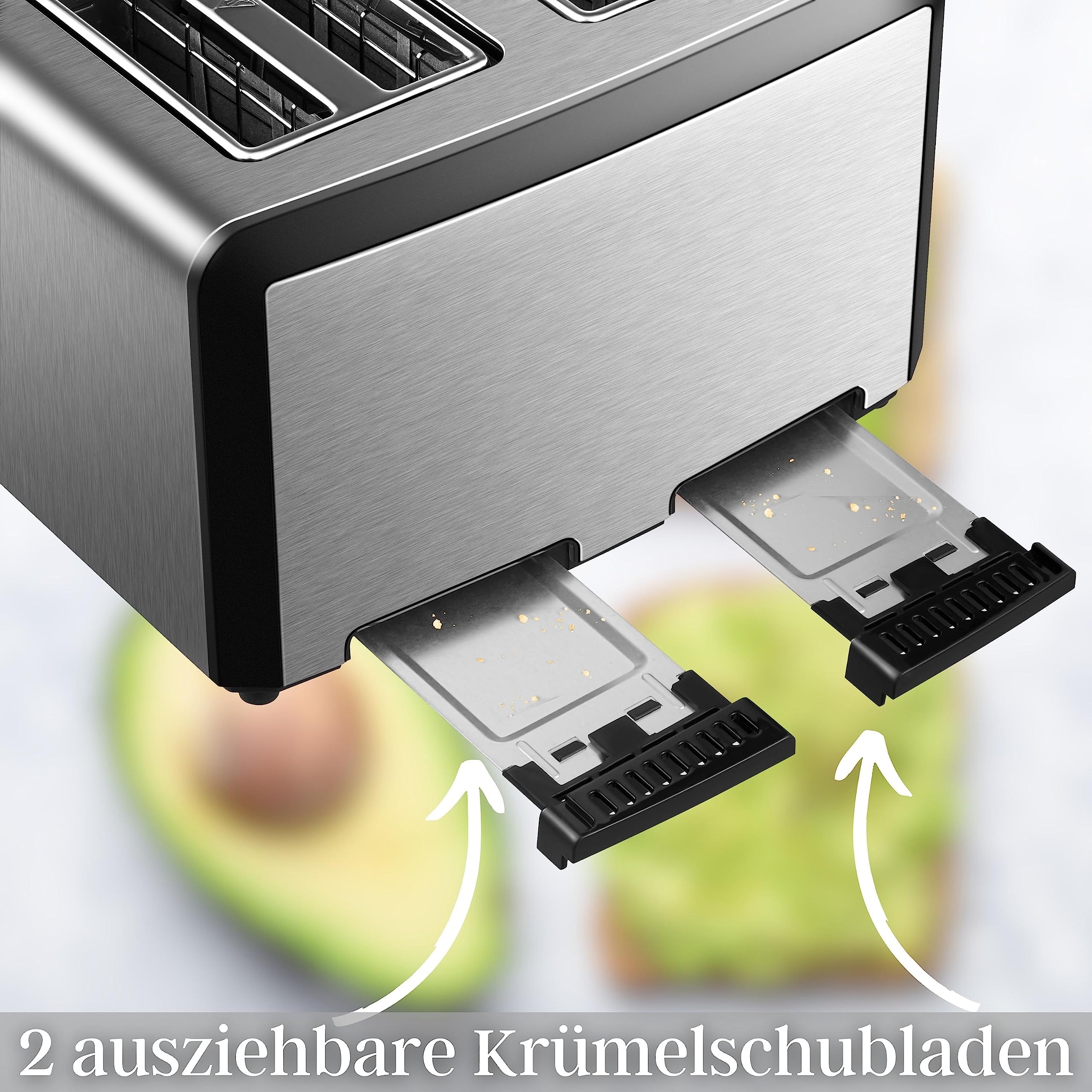 XXL Toaster 4 Toastschlitze | Toastautomat | 1600 Watt | 6-Stufen Bräuneregler | 2x Brötchenaufsatz | Auftau-Funktion | 2x Krümelschubladen | Edelstahl | 4-Fach | LED Displays