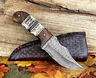 WINTERFELL Personalized Stag Horn Handle Fixed Blade Damascus Hunting Knife with Sheath, Engraved Custom Gifts For Hunter, Customized Gift For Husband, Dad, Son, Boyfriend, Father's Day Gift