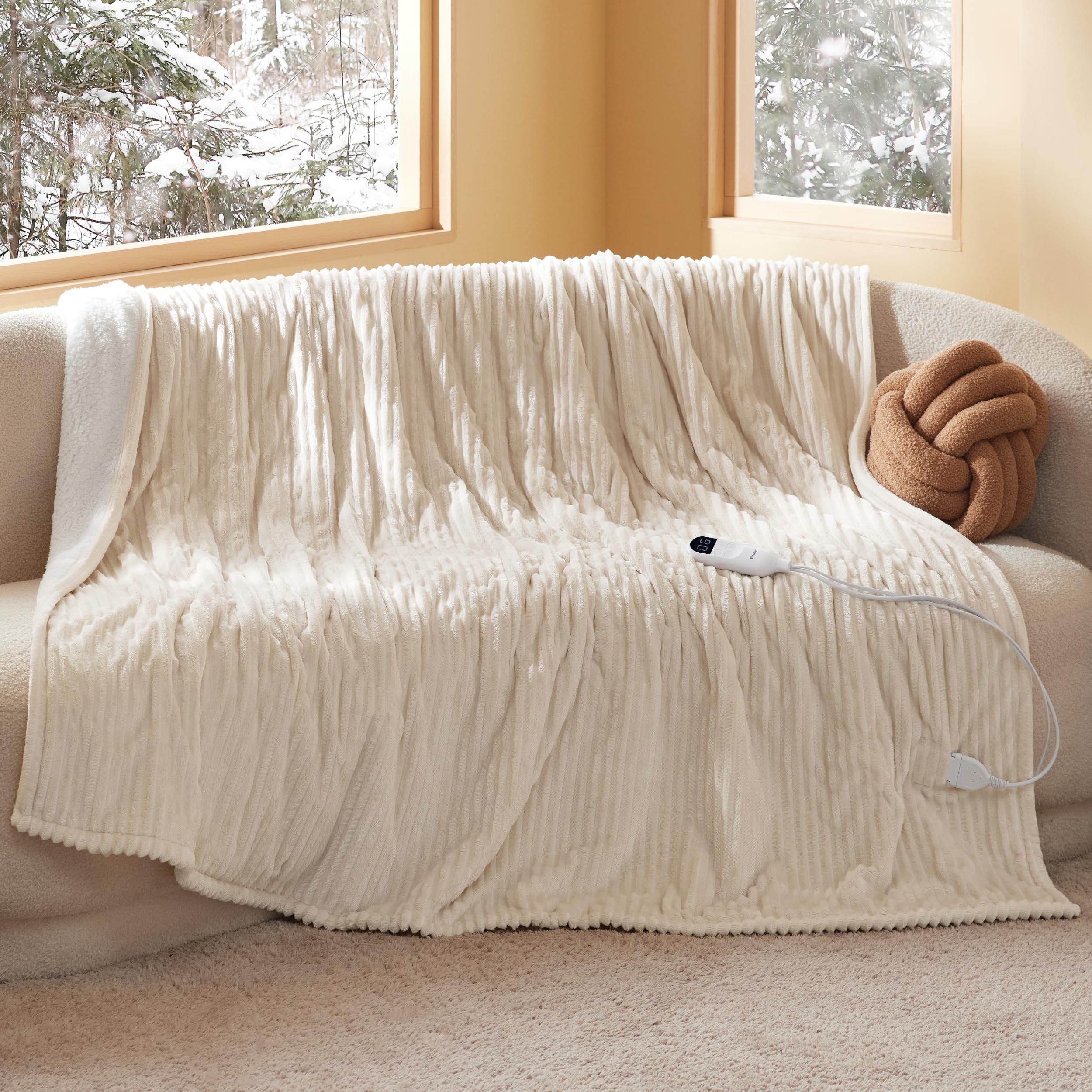 Bedsure Mantita eléctrica 180x200cm, Apagado automático, 6 Niveles de Calor, Temporizador 10h, protección sobrecalentamiento 8h, acogedora para hogar & Oficina, Crema Rayado