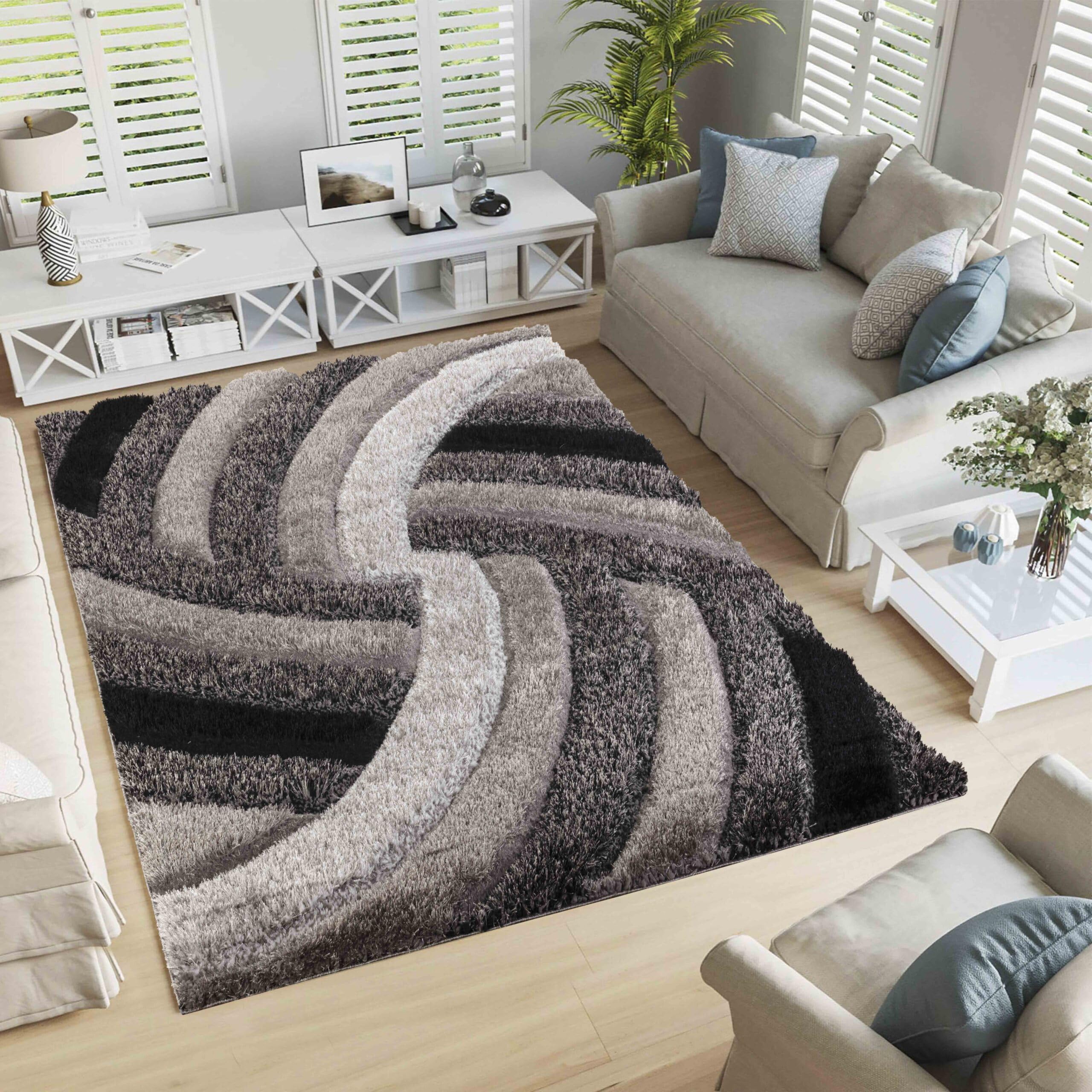 Desire Rug Grey Swirl Shimmer Soft Shaggy Area Rug 200x290cm