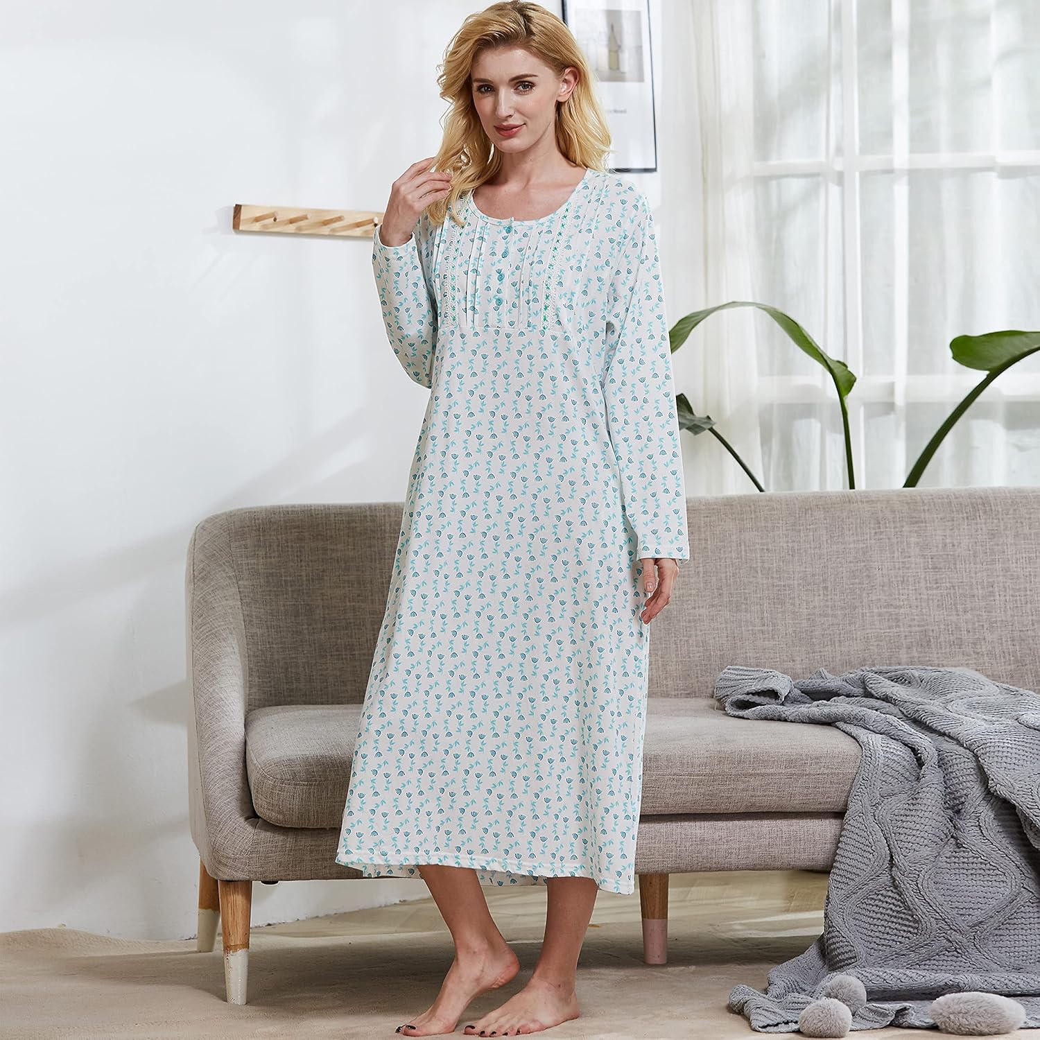 Keyocean Nightgowns for Women with Pockets Soft Cotton Comfy Lightweight Long Sleeves Ladies Nightdress - Image 3