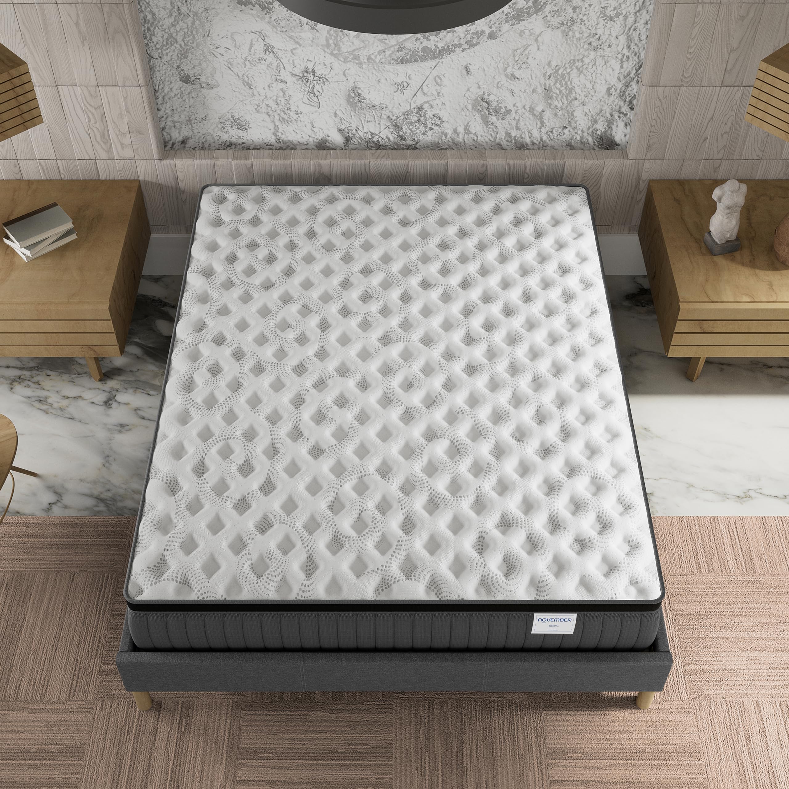 NOVEMBER- Ensemble Matelas + sommier (160 x 200cm)- Matelas Elekctra Ressorts ensachés & mémoire de Forme d’épaisseur 30cm + Sommier Bois Stable & Robuste revêtement Tissu Gris