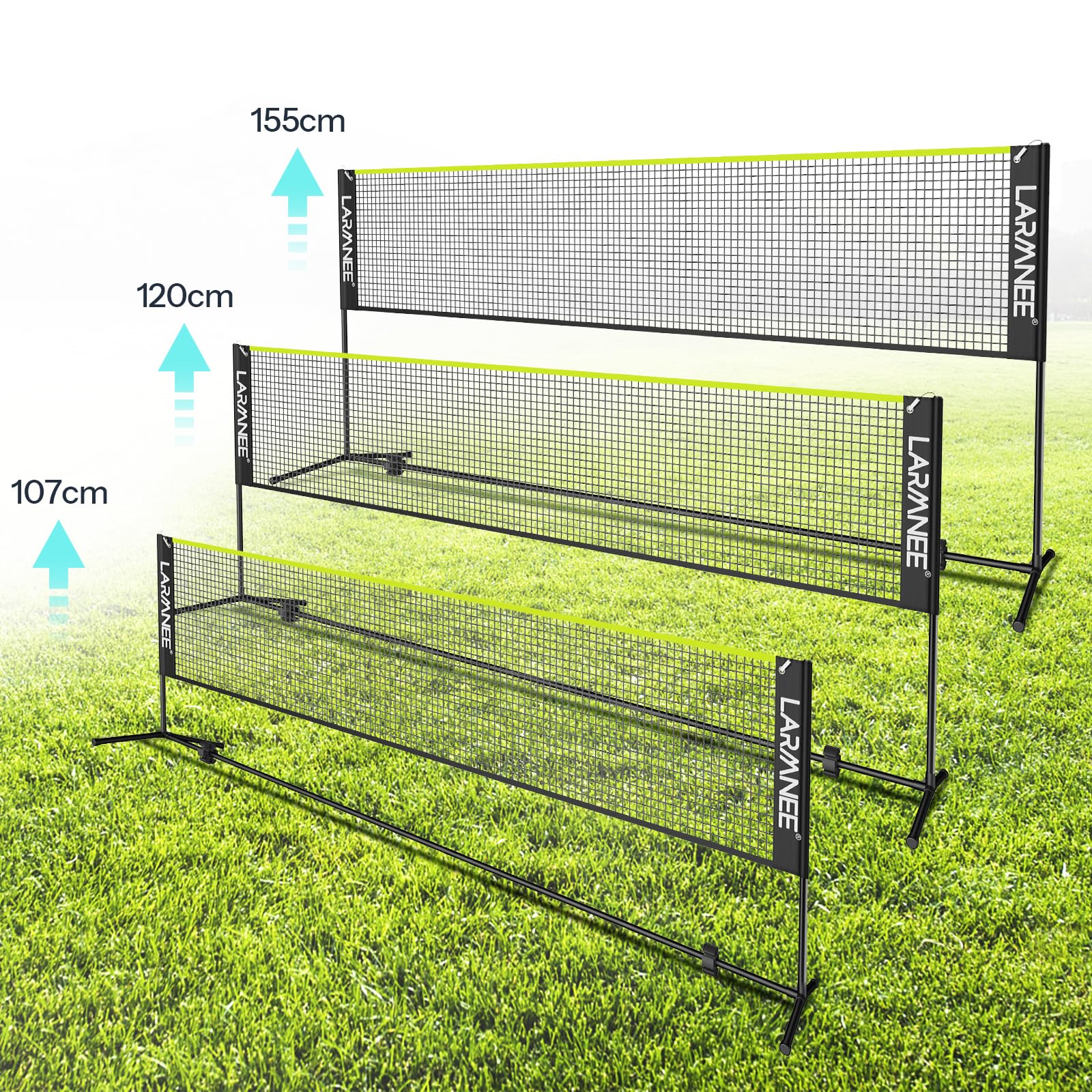 LARMNEE Rete da badminton, rete da pallavolo, rete da volano, regolabile in 3 altezze, 107/120/155 cm, set portatile per tennis, badminton o pallavolo, per giardino, interni, esterni