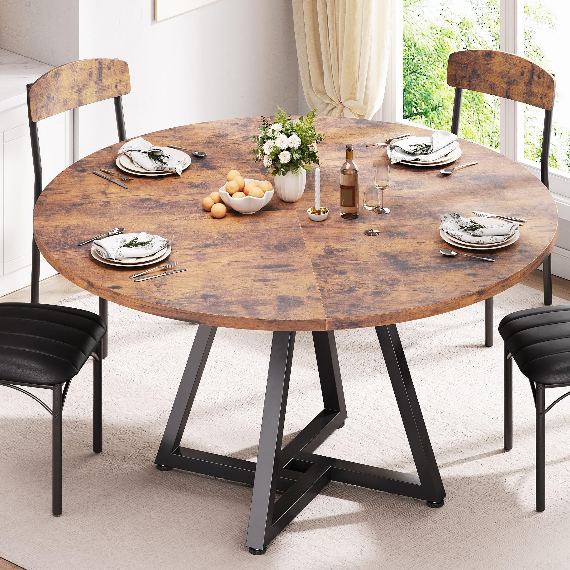 Jocoevol Runder Esstisch für 2–4 Personen, Küchentisch mit stabilem Metallgestell, platzsparender Esszimmertisch im Industrial Design (Vintage Braun, 107x107x76cm)