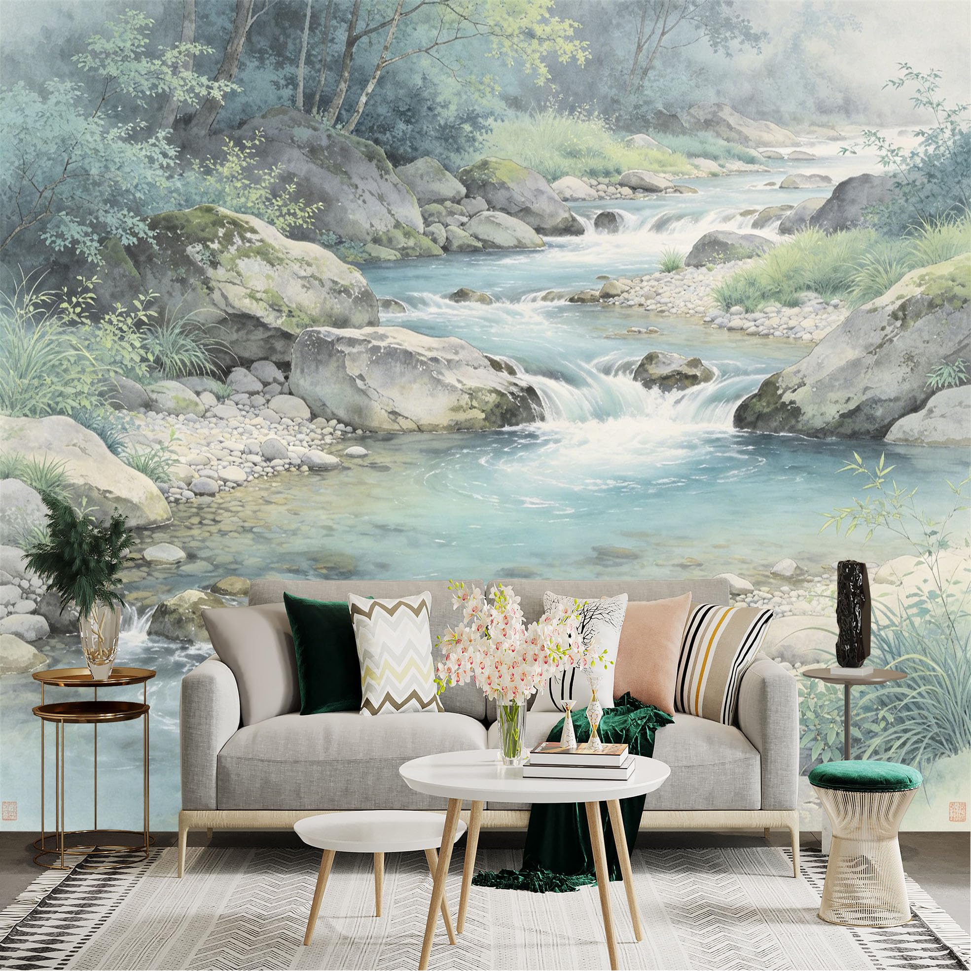 Lnzczhyre Dbh260521202 Custom Size Wall Sticker Mural， Serene Mountain Stream， Flowing River， Peaceful Nature Landscape， Refreshing Water， For Wall Decoration， Peelandstick Wall Decals.