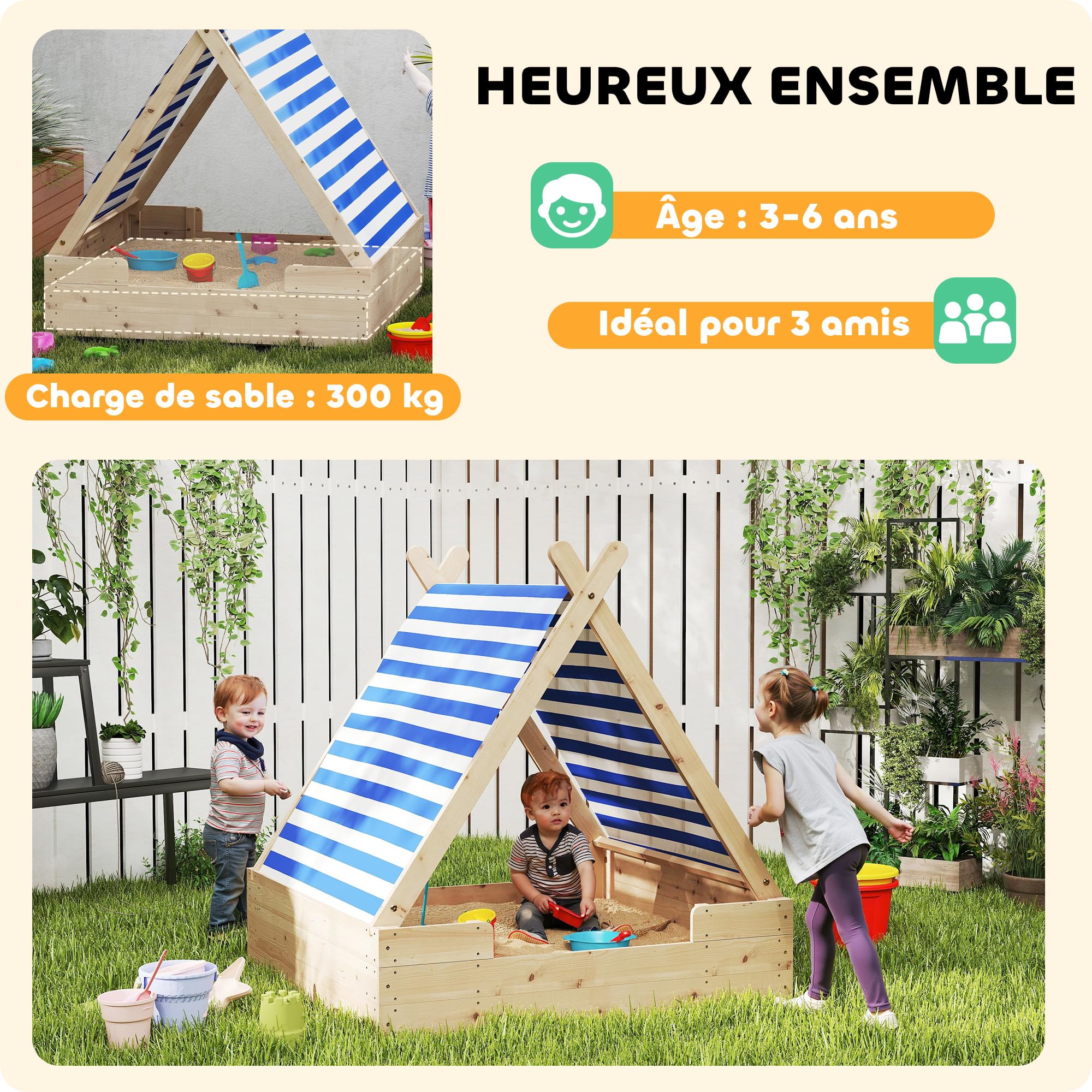 AIYAPLAY Bac à Sable En Bois Avec Toile Amovible - 120x120 Cm - Pour 3 Enfants - Résistant Aux Intempéries - Jeu Extérieur Dès 3 Ans