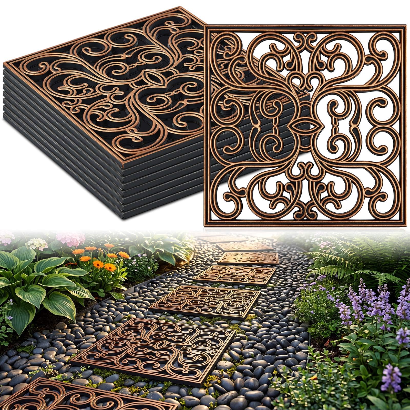 Pangda 8 Pcs Rubber Stepping Stones Outdoor, Copper, Scroll