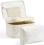 HBselect 2 Pack Floral Cotton Makeup Bag, Double Layer Quilted Makeup Bag Kawaii Coquette Aesthetic Travel Toiletry Bags for Women Girls