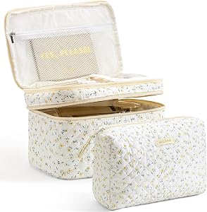 HBselect 2 Pack Floral Cotton Makeup Bag, Double Layer Quilted Makeup Bag Kawaii Coquette Aesthetic Travel Toiletry Bags for Women Girls