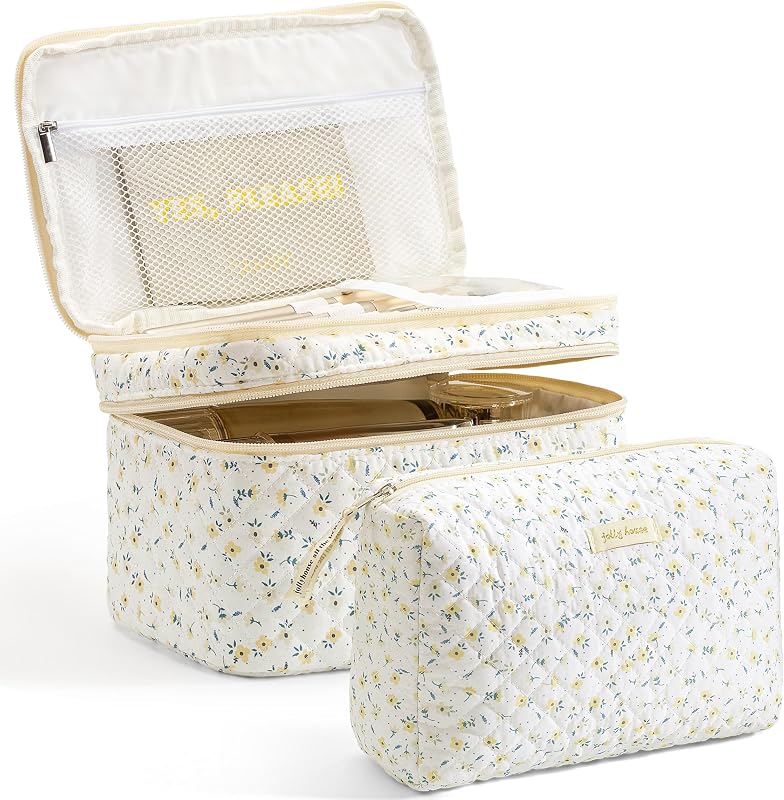 HBselect Conjunto com 2 estojos de viagem para maquiagem em algodão matelassê, estampa floral 2PCS-YELLOWFLOWER
