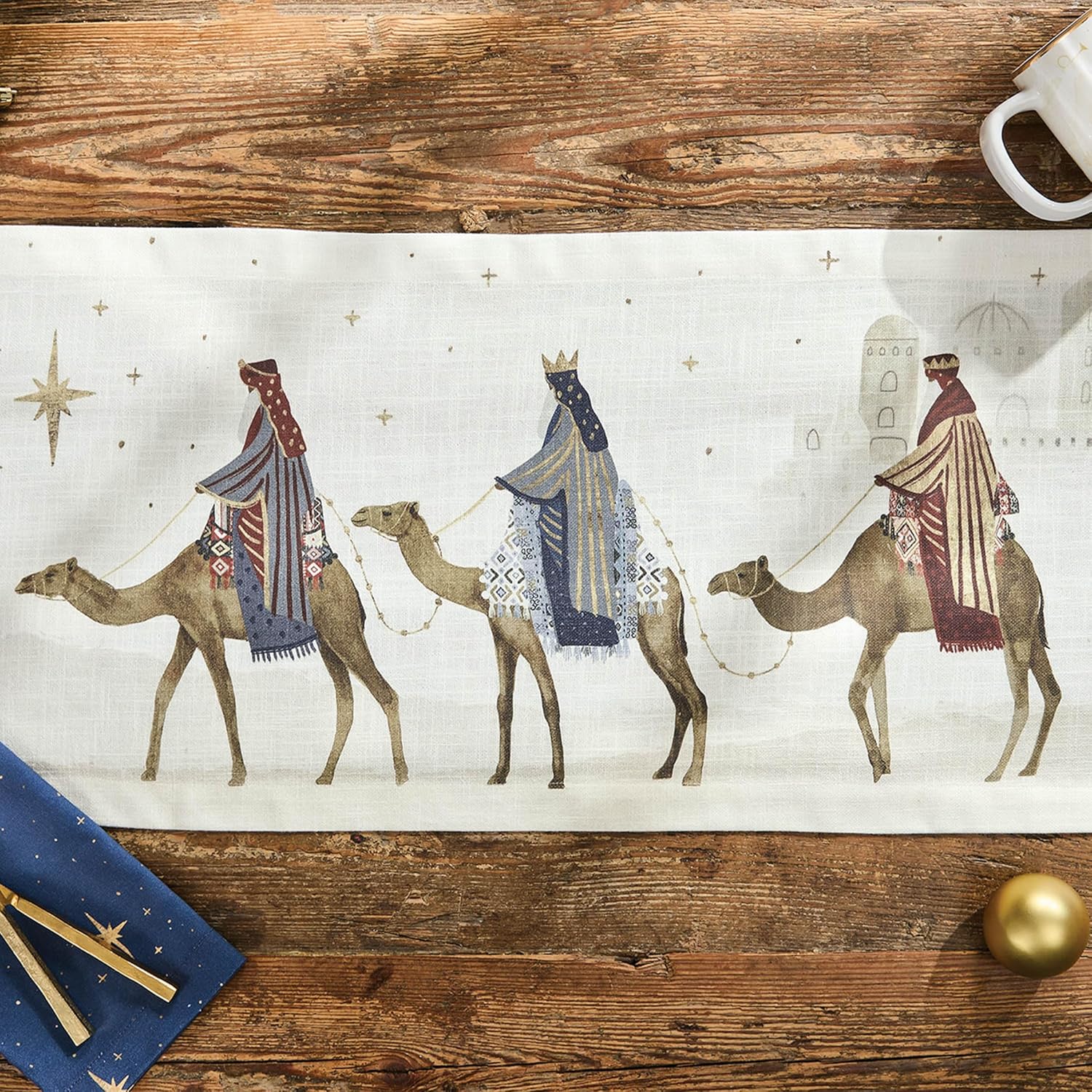 Split P Away In A Manger Table Runner 13" x 36" | Nativity Three Wise Men Christmas Table Decor | Cotton Holiday Centerpiece Layer for Gatherings | Reusable Festive Dining Accent for Seasonal Settings
