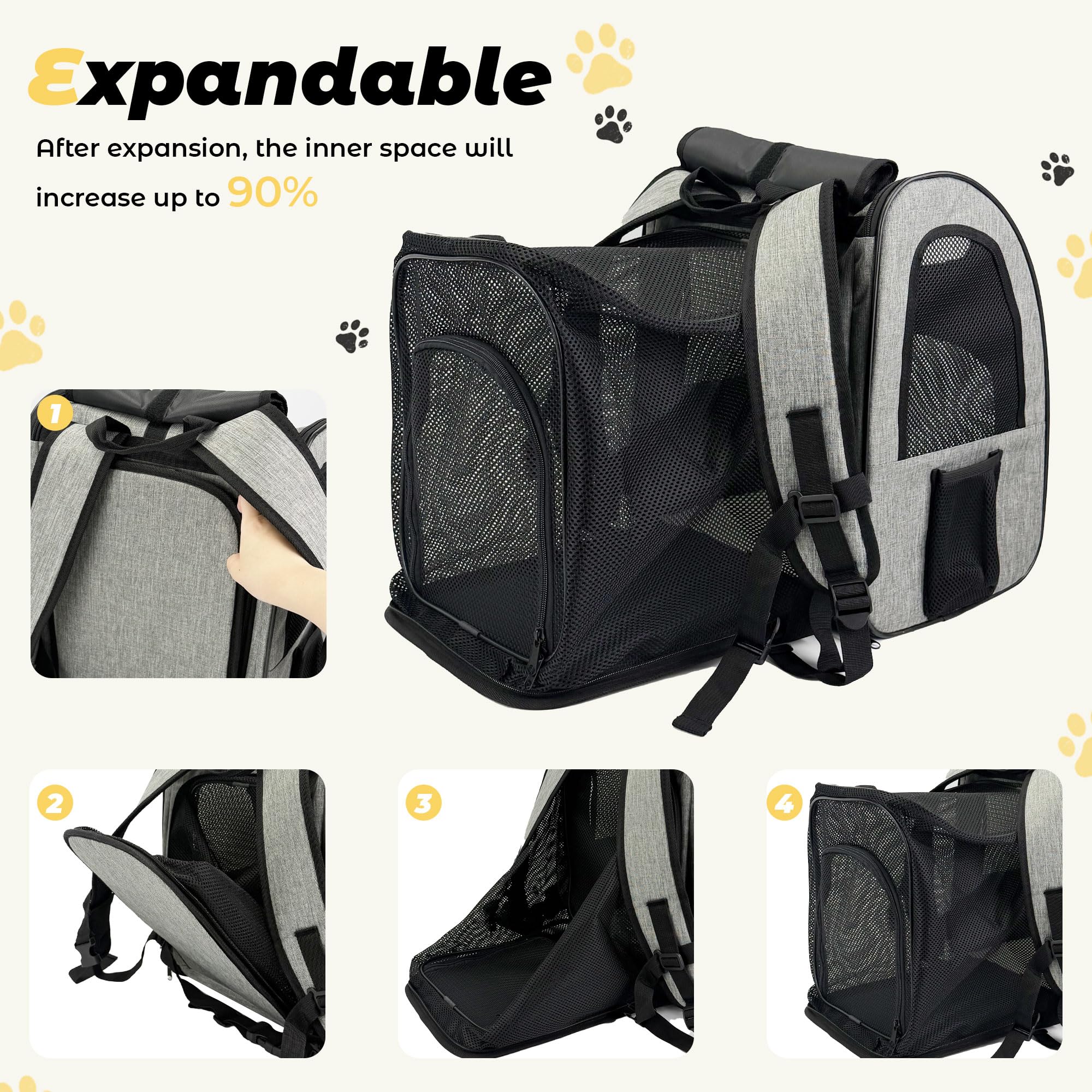 Zavothy Cat Backpack Carrier, Expandable Airline Approved Pet Backpack for Small Cats & Dogs, Breathable Mesh Cat Carrier Backpack with Padded Bottom, Foldable Travel Bag - Grey - image 8