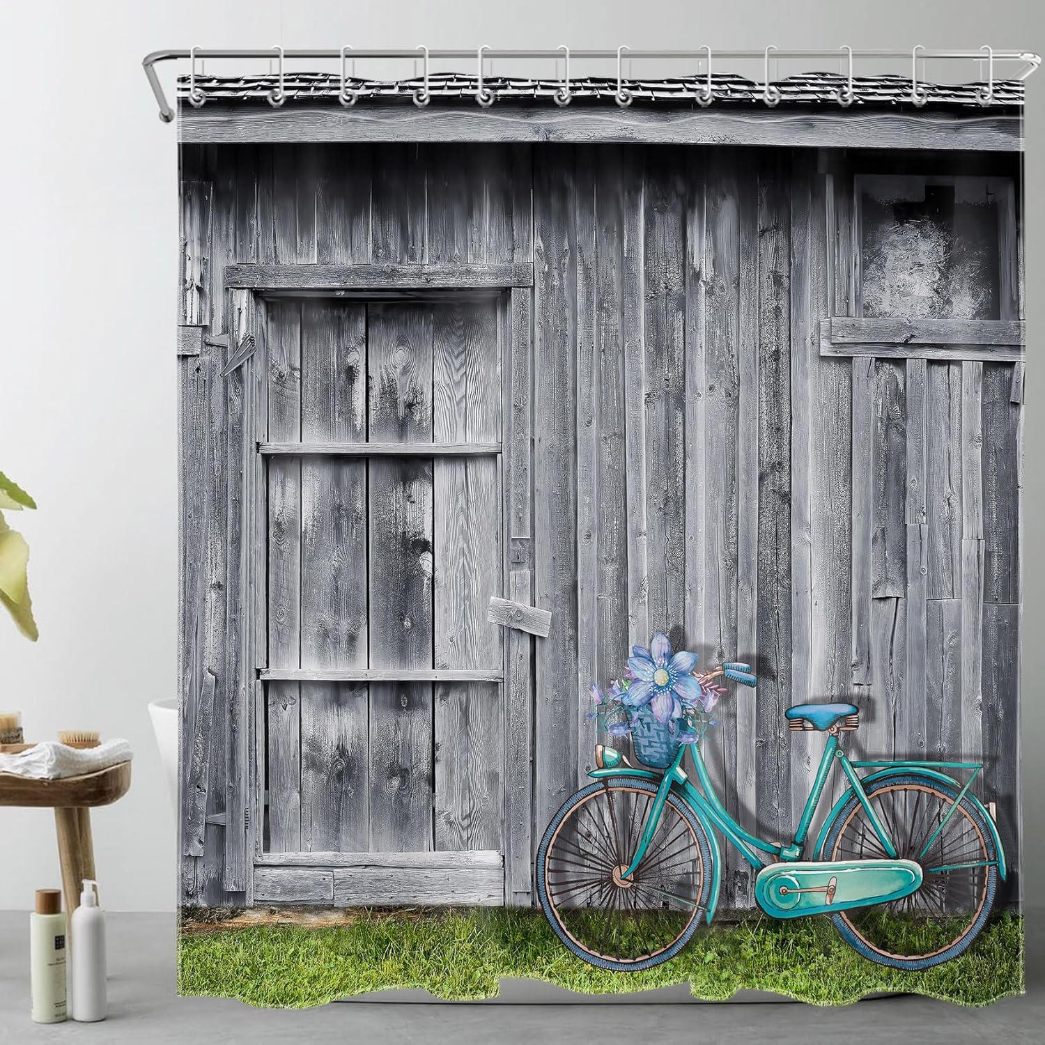HVEST Western Barn Door Shower Curtain with Bathroom Rugs, Teal Bicycle and Floral on Barn Door Shower Curtain and Bath Mat, 70L X 70W inches Rustic Grey Vintage Wood Boards Shower Curtain Set