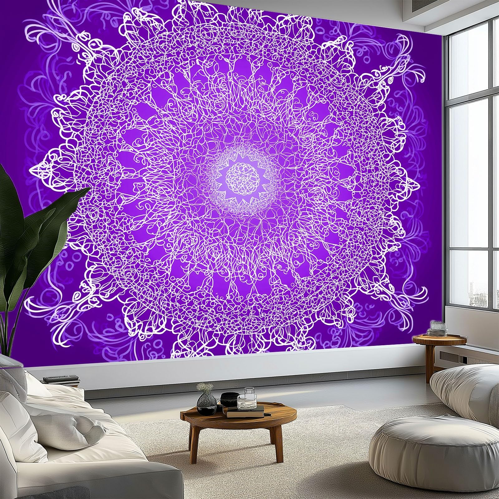 Fototapeta z włókniny, styl marzeń, tapeta 200 x 140 cm (szer. x wys.), nowoczesna tapeta z włókniny, efekt 3D, dekoracja ścienna, fioletowe, kwiaty mandali, tapeta z motywem, tapeta ścienna, salon