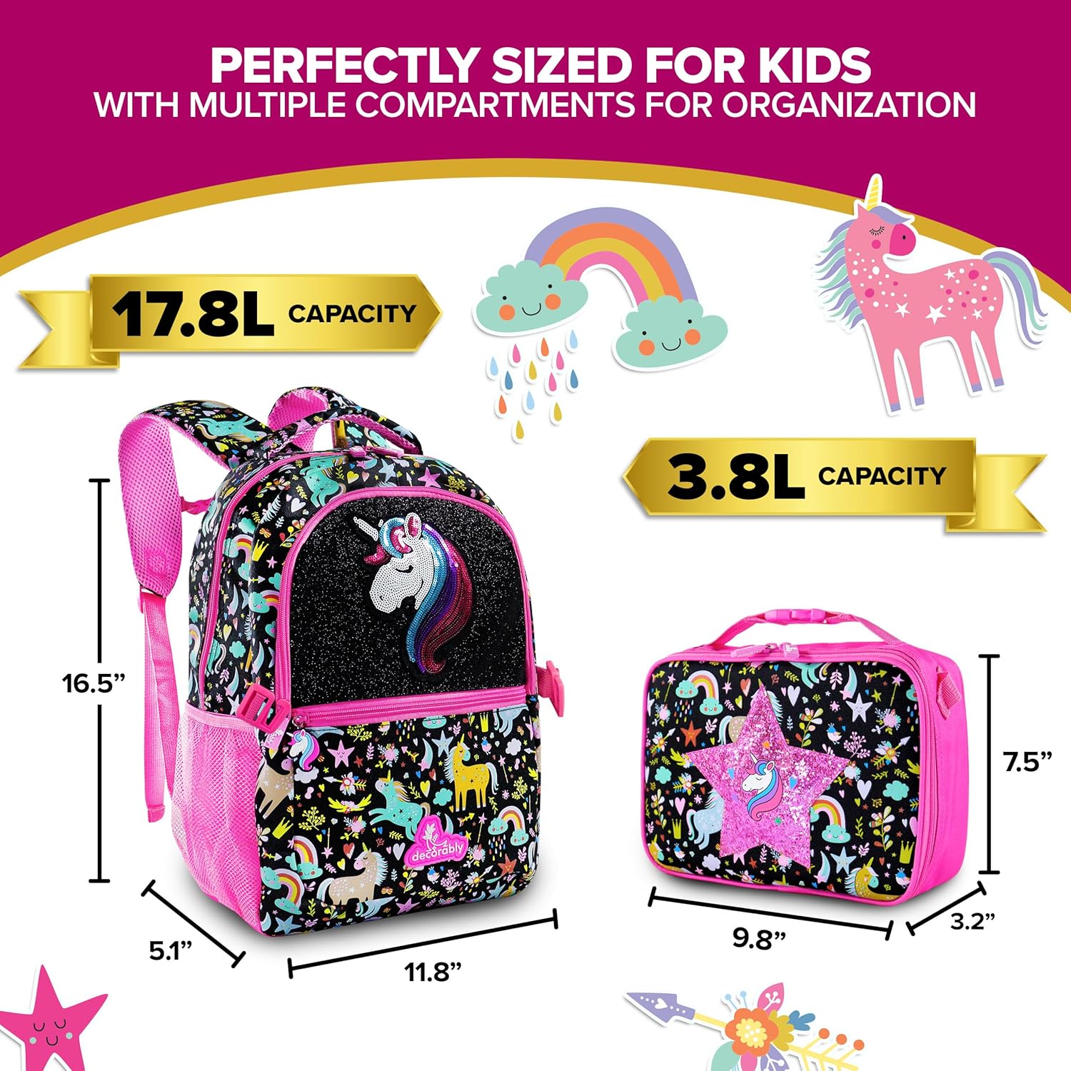 Decorably 2pc Set Sequined Glittery Unicorn Backpack with Lunch Box with Star Patch, Multi-Compartment, Water-Resistant - Back to School Gift for Girls, Kids, Toddler, Preschool, Elementary - Image 5