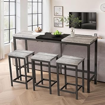 Bar Table and Chairs Set, 60.24 Long Pub Table with 3 Stools, High Top Table Kitchen Dining Desk, 4-Piece Breakfast Desk Set for Living Room Apartment Small Space Grey+Black-1