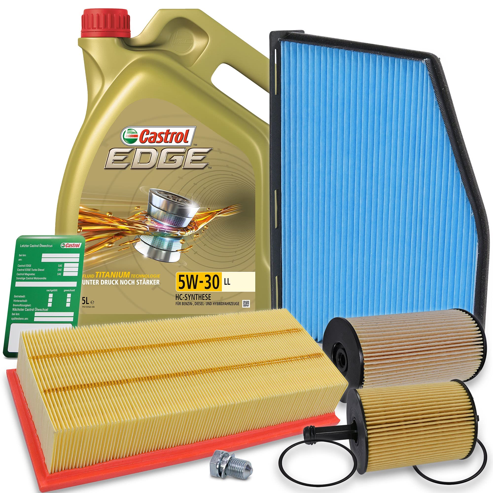 BESTPRICE Inspektionspaket Filterset mit 1x Ölfilter, 1x Innenraumfilter (Aktivkohle), 1x Luftfilter, 1x Ölablassschraube, 1x Kraftstofffilter, 1x Motoröl 5W-30 LL 5 l, 1x Ölwechselanhänger,