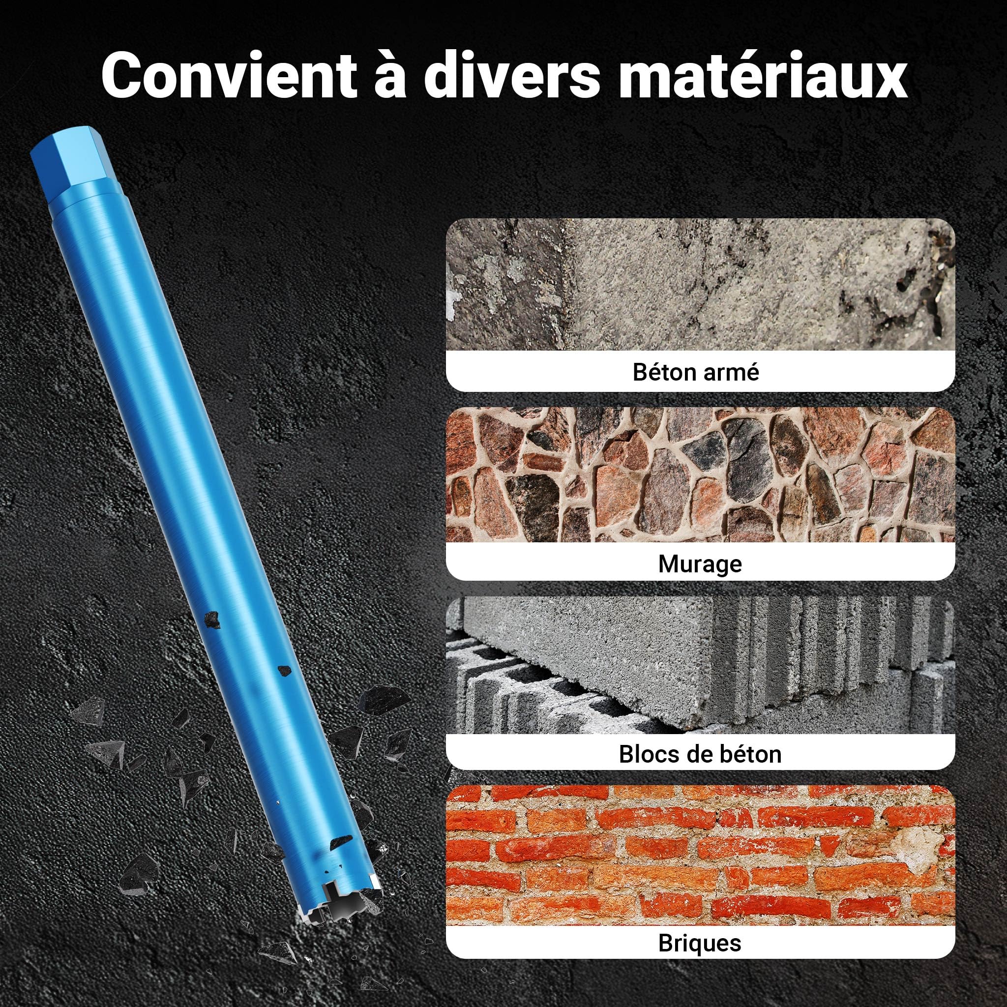 Wiltec Foret diamant pour Carotteuse Ø 52 mm – Rendement moyen – 1¼ UNC – Longueur 450 mm – Métal fritté – Forage à humide – Chantier Carrelage Béton – Trépan Couronne Diamant