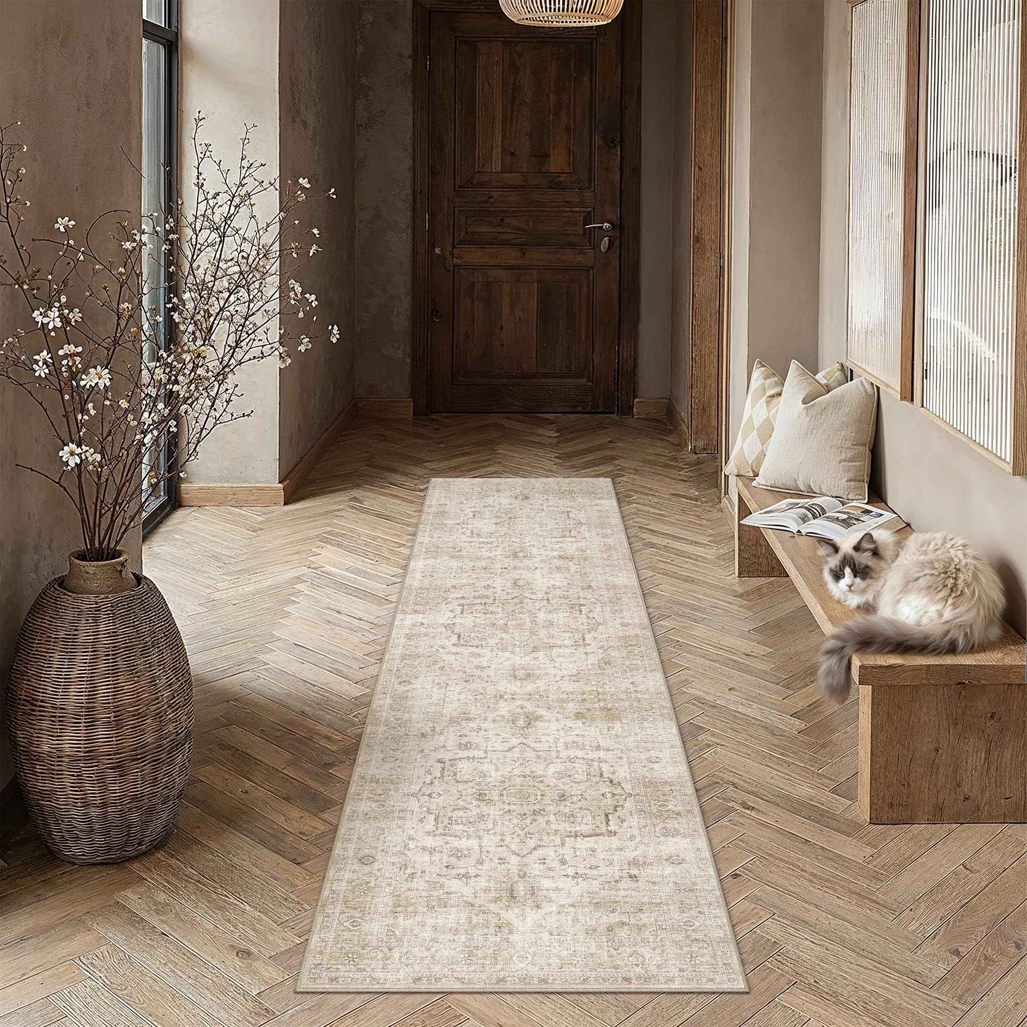 PureCozy Vintage Hallway Runner Rug 60x240cm Beige Washable Carpet โ image 1