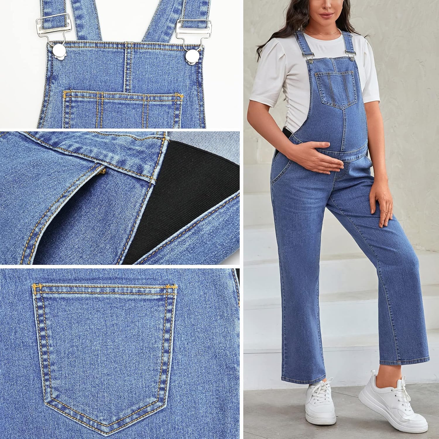Maternity Overalls Bib Straight Leg Ankle Length Maternity Denim Overalls for Pregnant Woman - Image 5