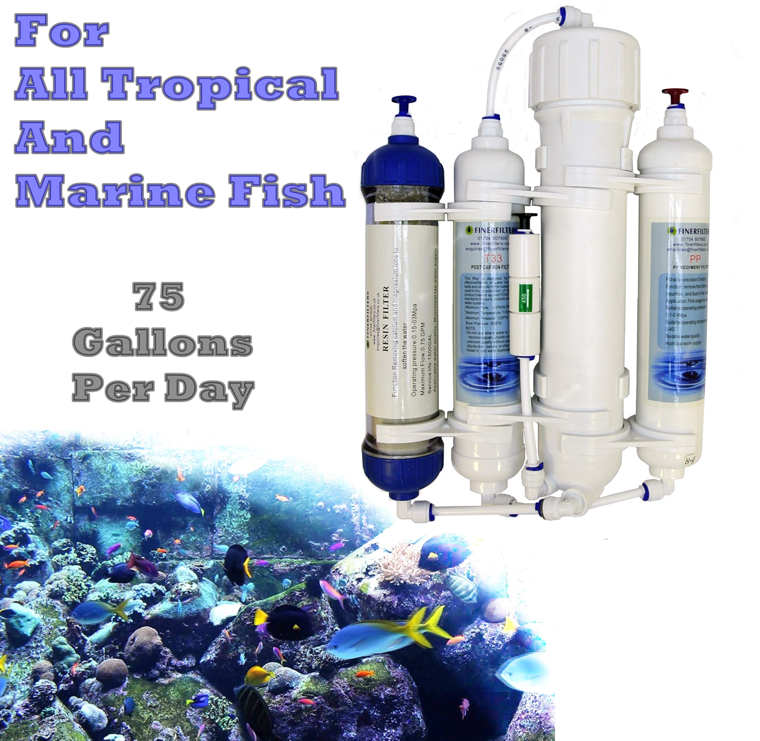 Finerfilters Umkehrosmose-Filter, 4-stufig, kompakt, mit DI-Kunstharz, für tropische und Meerwasser-Aquarien und Diskusfische, 50 / 75 / 100 GPD